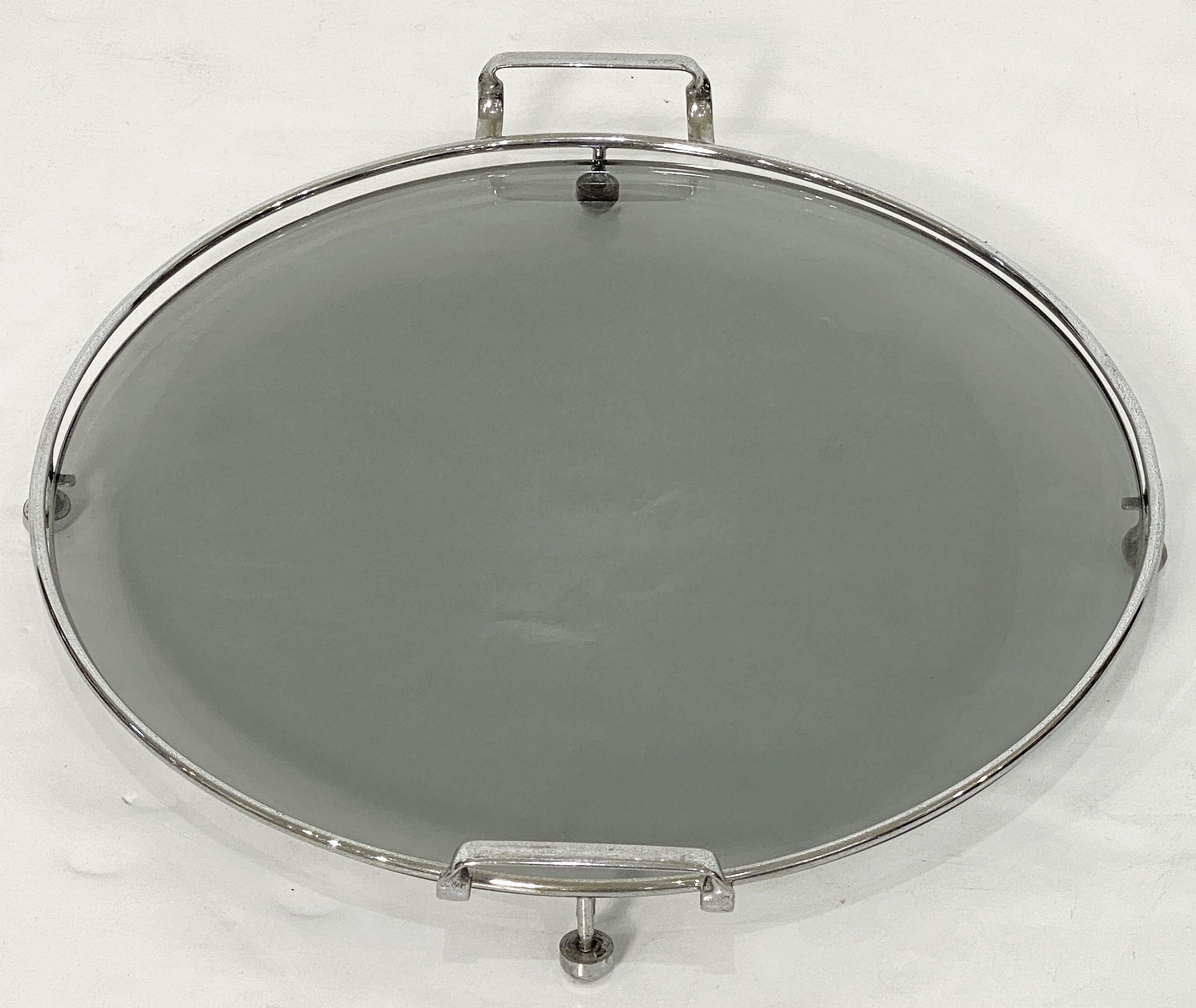 Metal Art Deco Era Round Serving Tray of Chrome and Smoked Glass from England