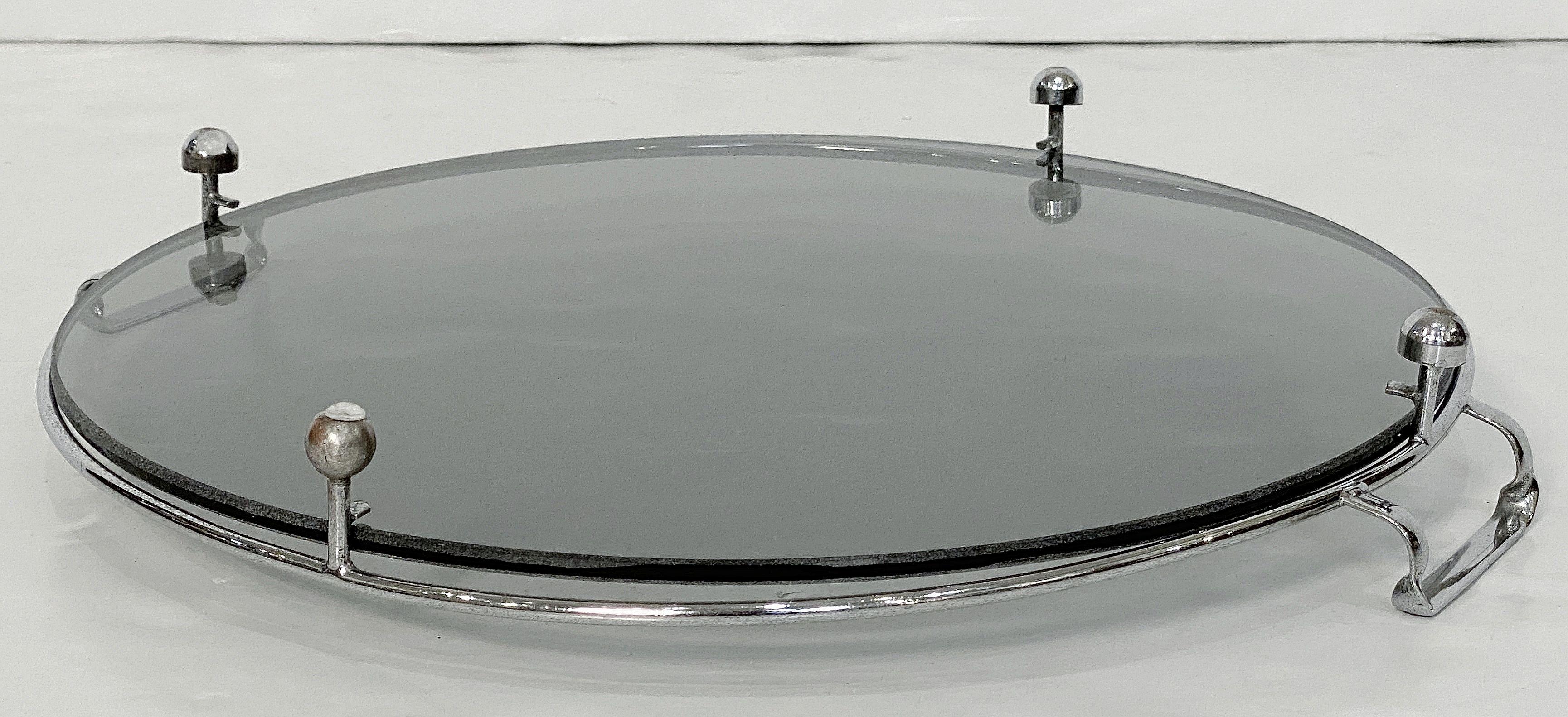 Art Deco Era Round Serving Tray of Chrome and Smoked Glass from England 1
