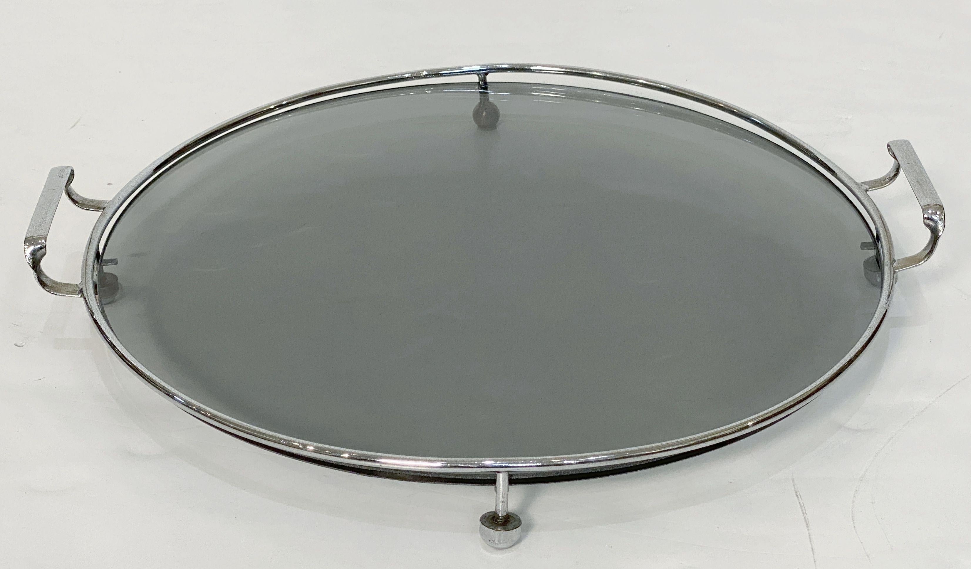 Art Deco Era Round Serving Tray of Chrome and Smoked Glass from England 2