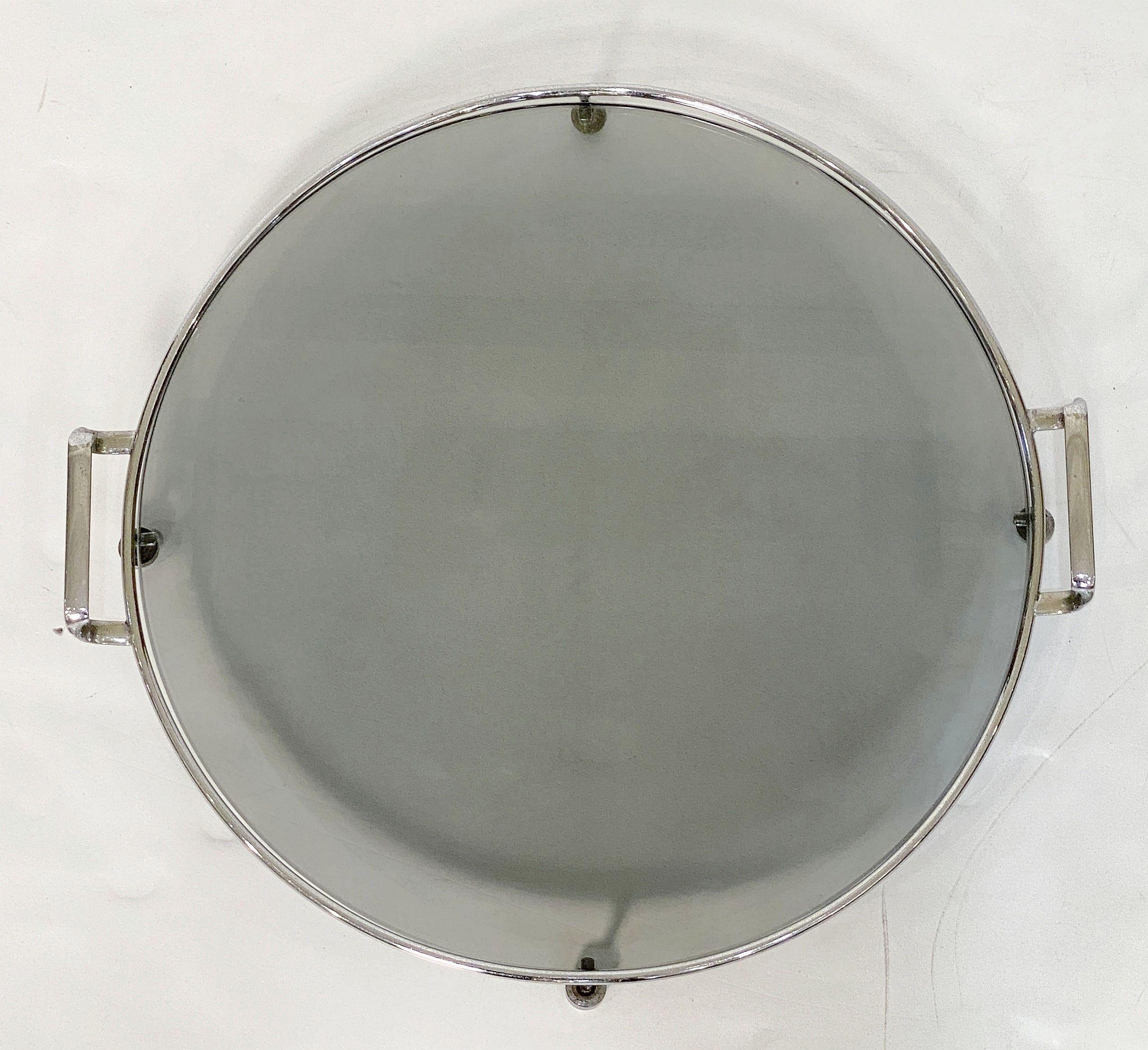 Art Deco Era Round Serving Tray of Chrome and Smoked Glass from England 3