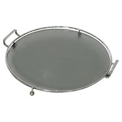 Art Deco Era Round Serving Tray of Chrome and Smoked Glass from England