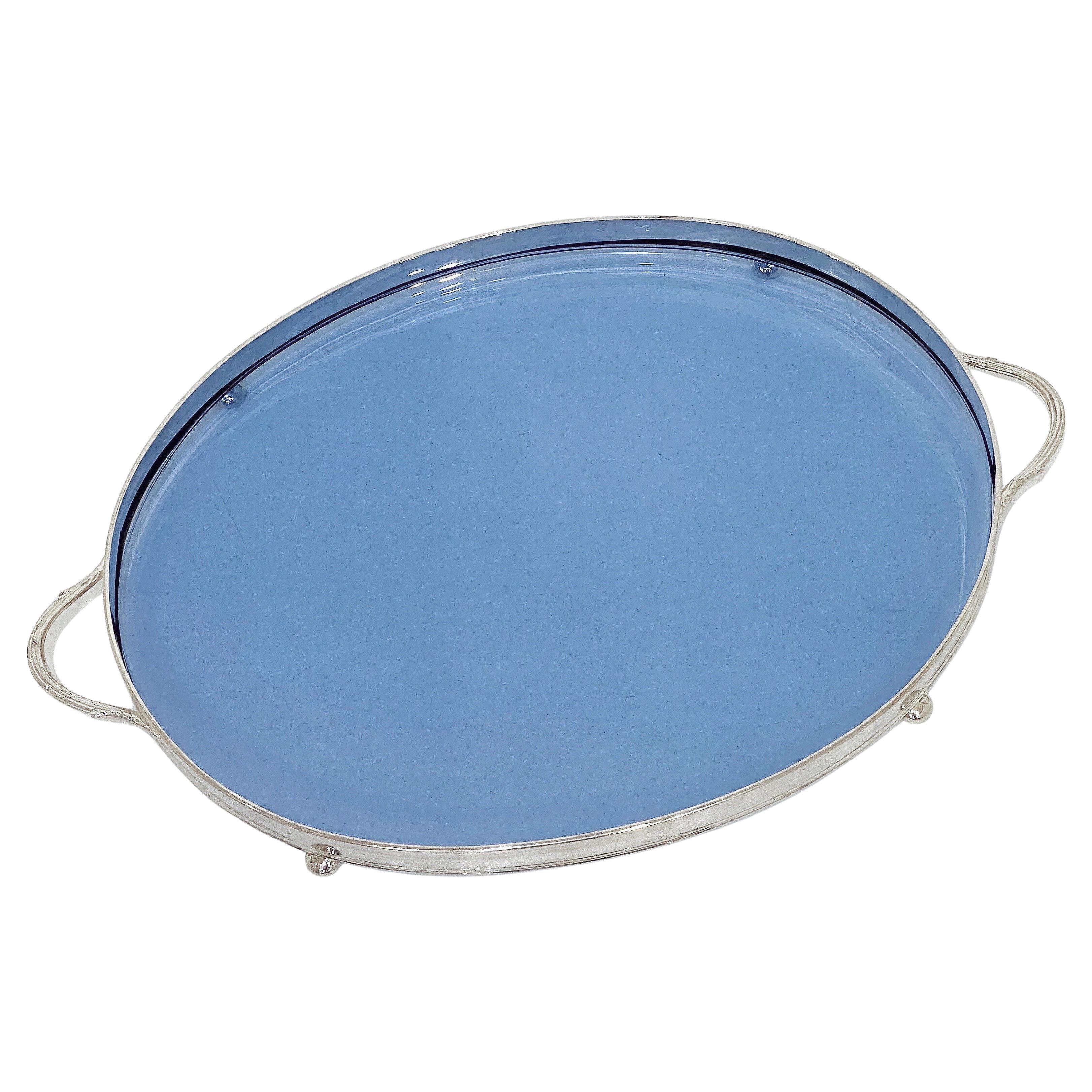 Vassoio da portata ovale in argento e vetro blu di epoca Art Déco dall'Inghilterra