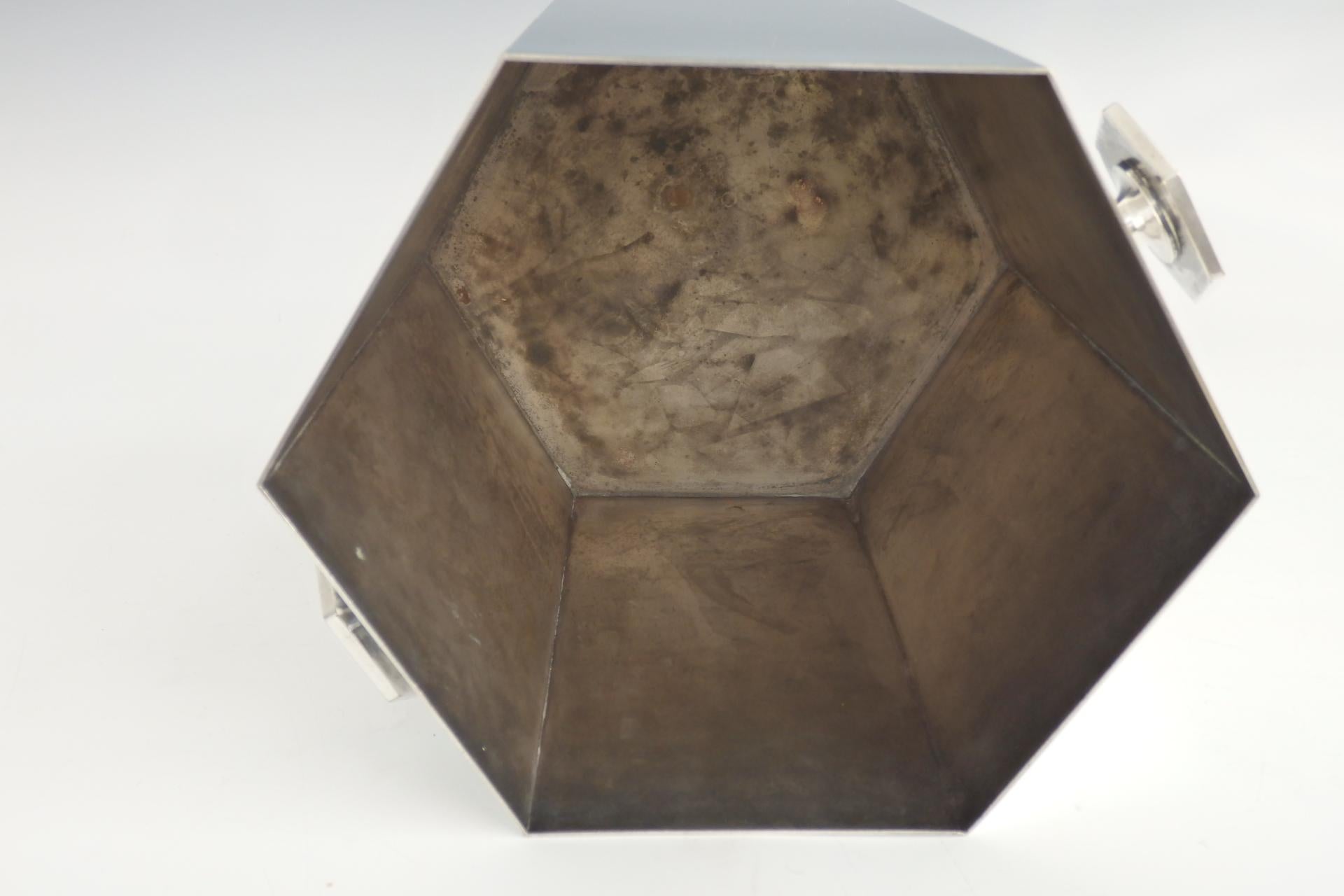 Art Deco Era Silver Plate Ice Bucket in Geometric Form with Hexagon Handles 5