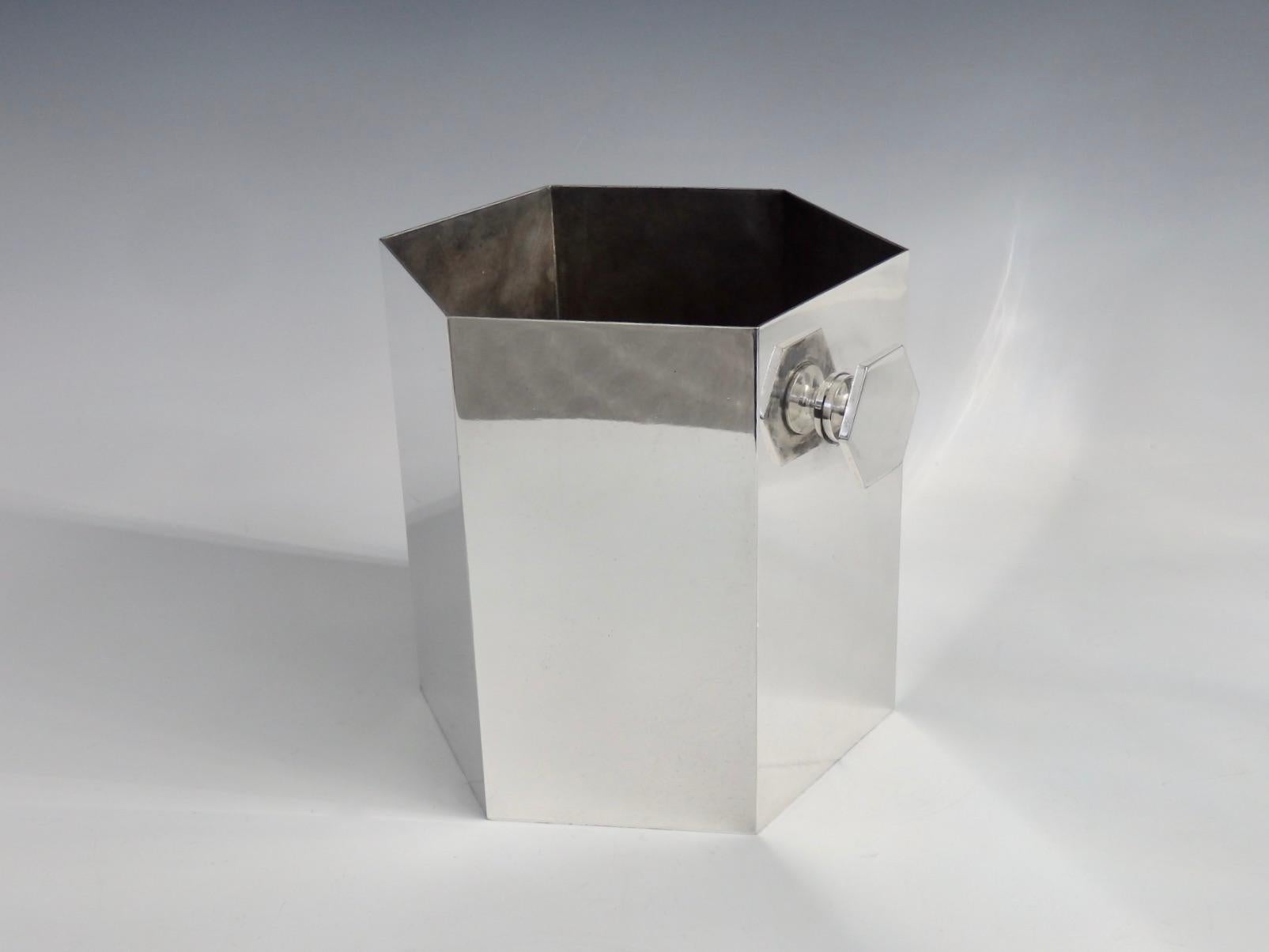 Hand-Crafted Art Deco Era Silver Plate Ice Bucket in Geometric Form with Hexagon Handles