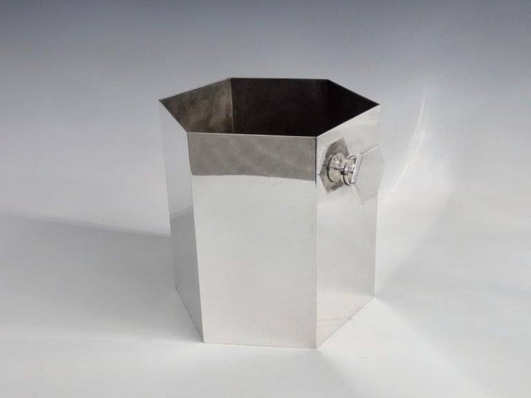 Hand-Crafted Art Deco Era Silver Plate Ice Bucket in Geometric Form with Hexagon Handles For Sale
