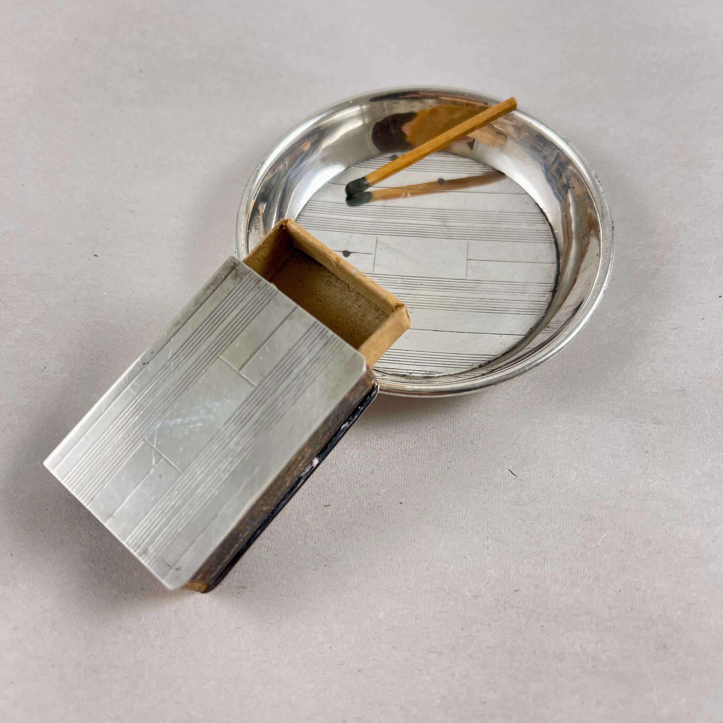 American Art Deco Era Sterling Silver Personal Travel Ashtray & Match Holder For Sale