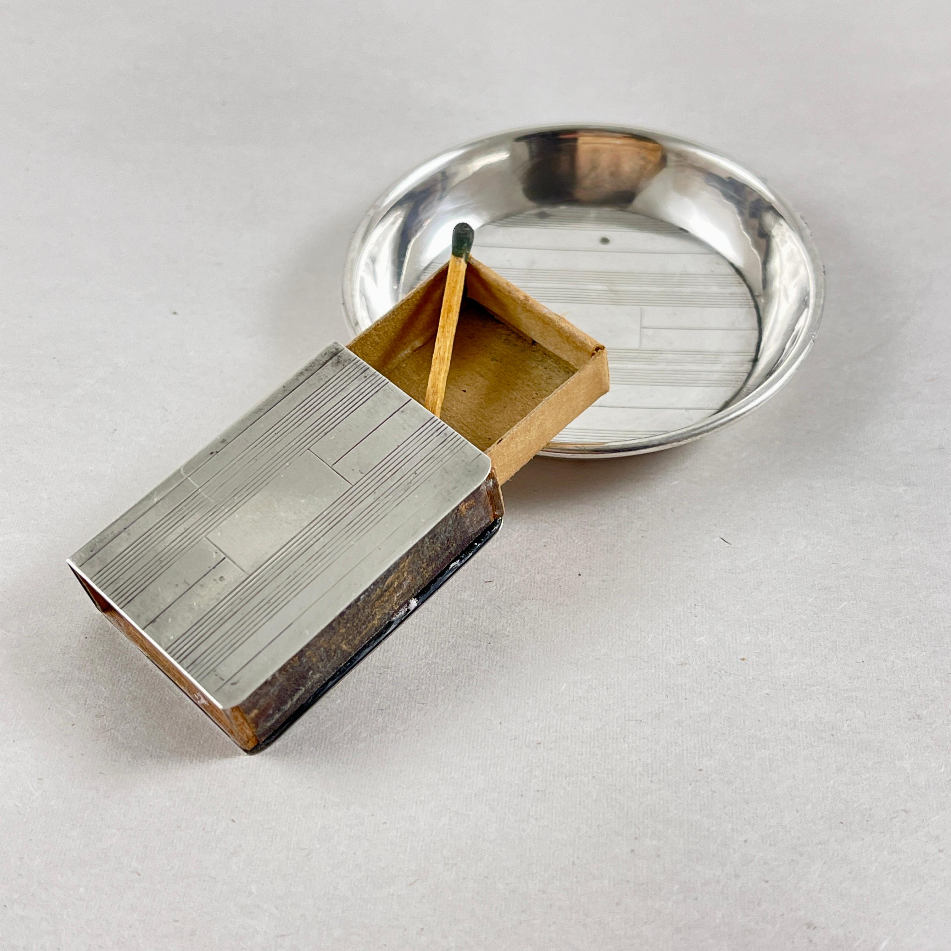 Metalwork Art Deco Era Sterling Silver Personal Travel Ashtray & Match Holder For Sale