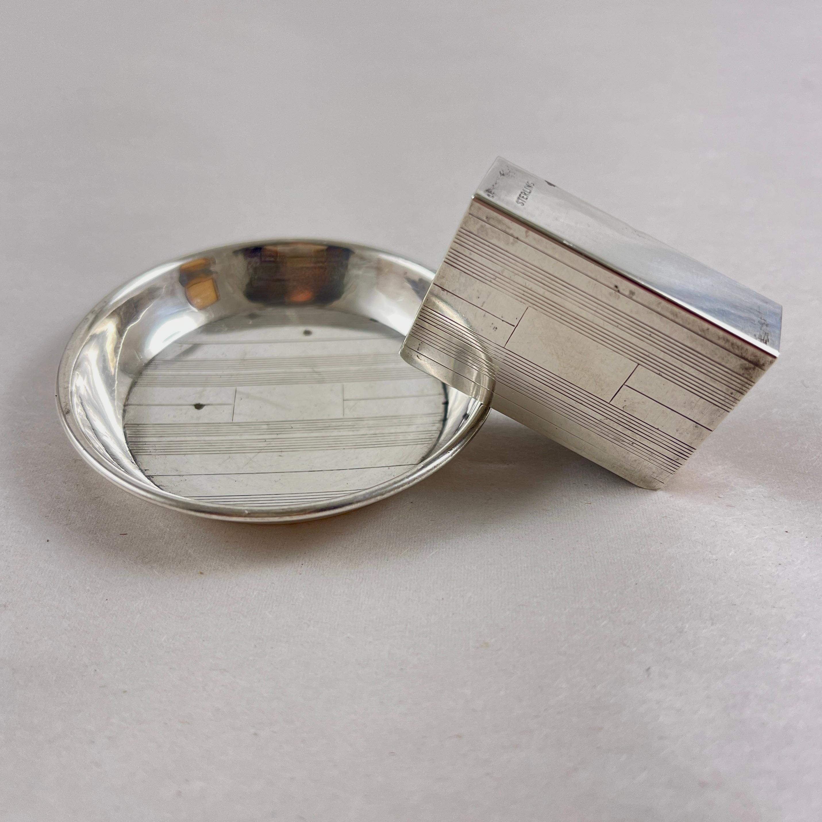 Art Deco Era Sterling Silver Personal Travel Ashtray & Match Holder For Sale 1