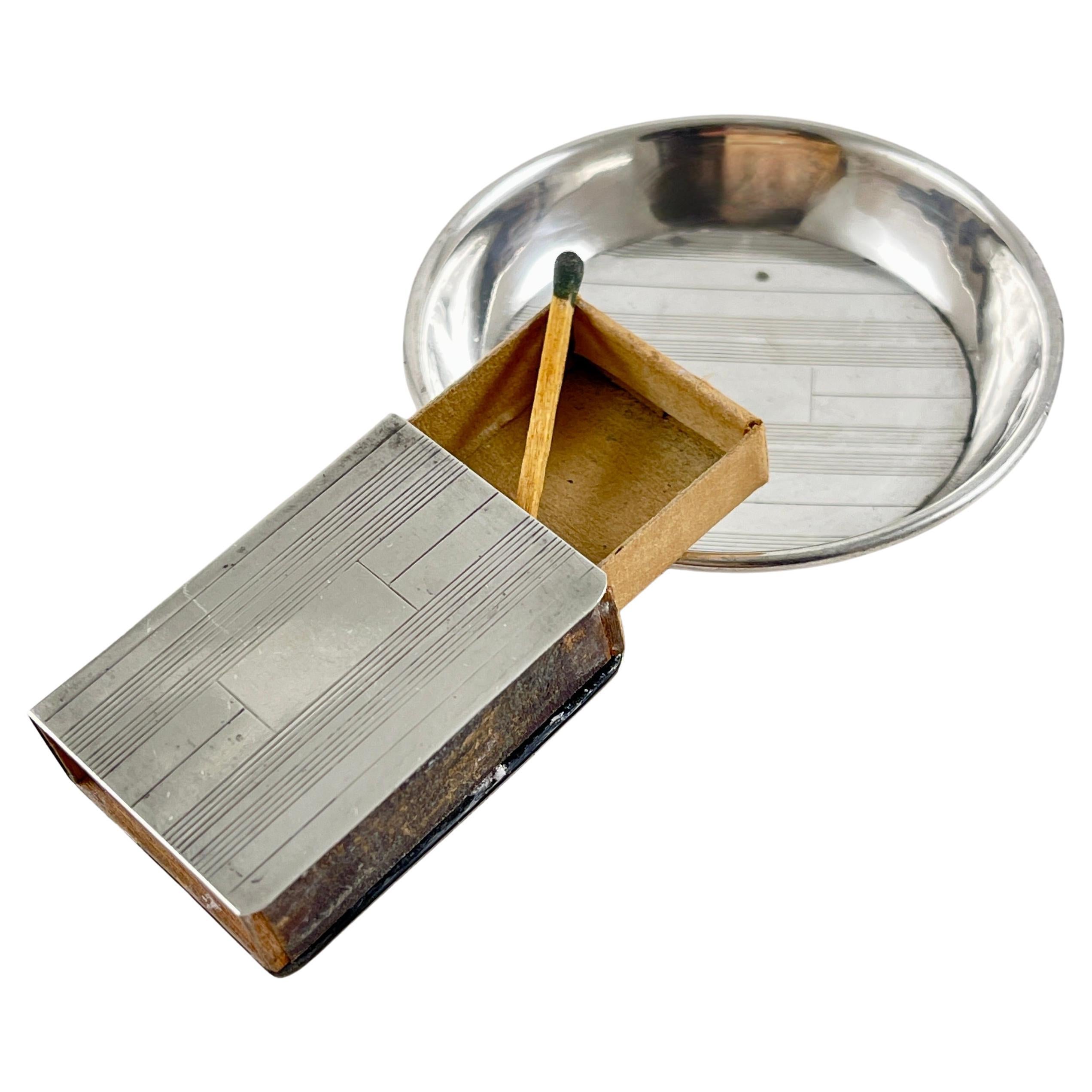 Art Deco Era Sterling Silver Personal Travel Ashtray & Match Holder
