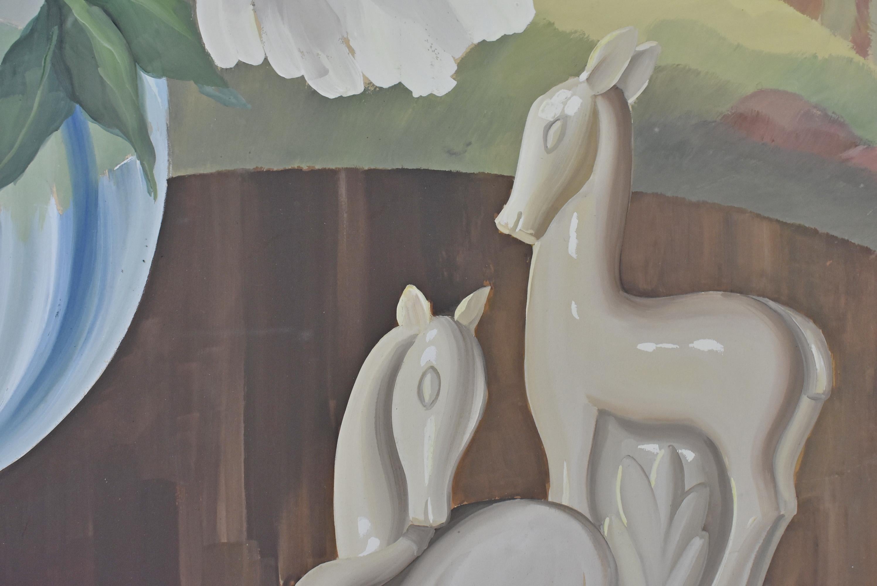 Nature morte de l'ère Art déco par Kupur. Pivoines blanches dans un vase bleu avec gouache Gazelles. Vers les années 1930. Peinture sur carton. Signé par Ruben Kupur. Excellent état. La taille de l'image est de 29