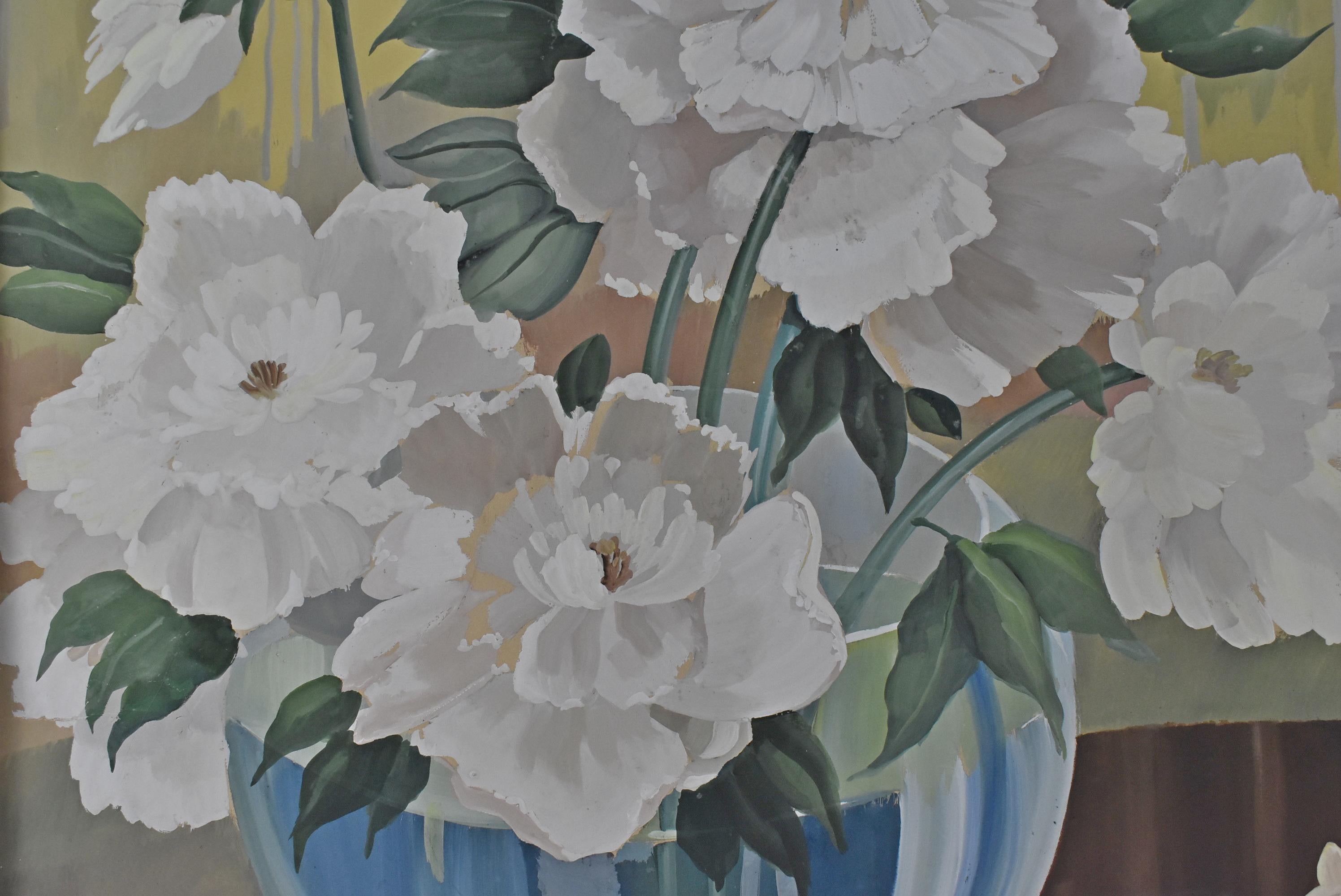 Art Deco Era Still Life by Kupur of White Peonies and Gazelles In Good Condition For Sale In Toledo, OH