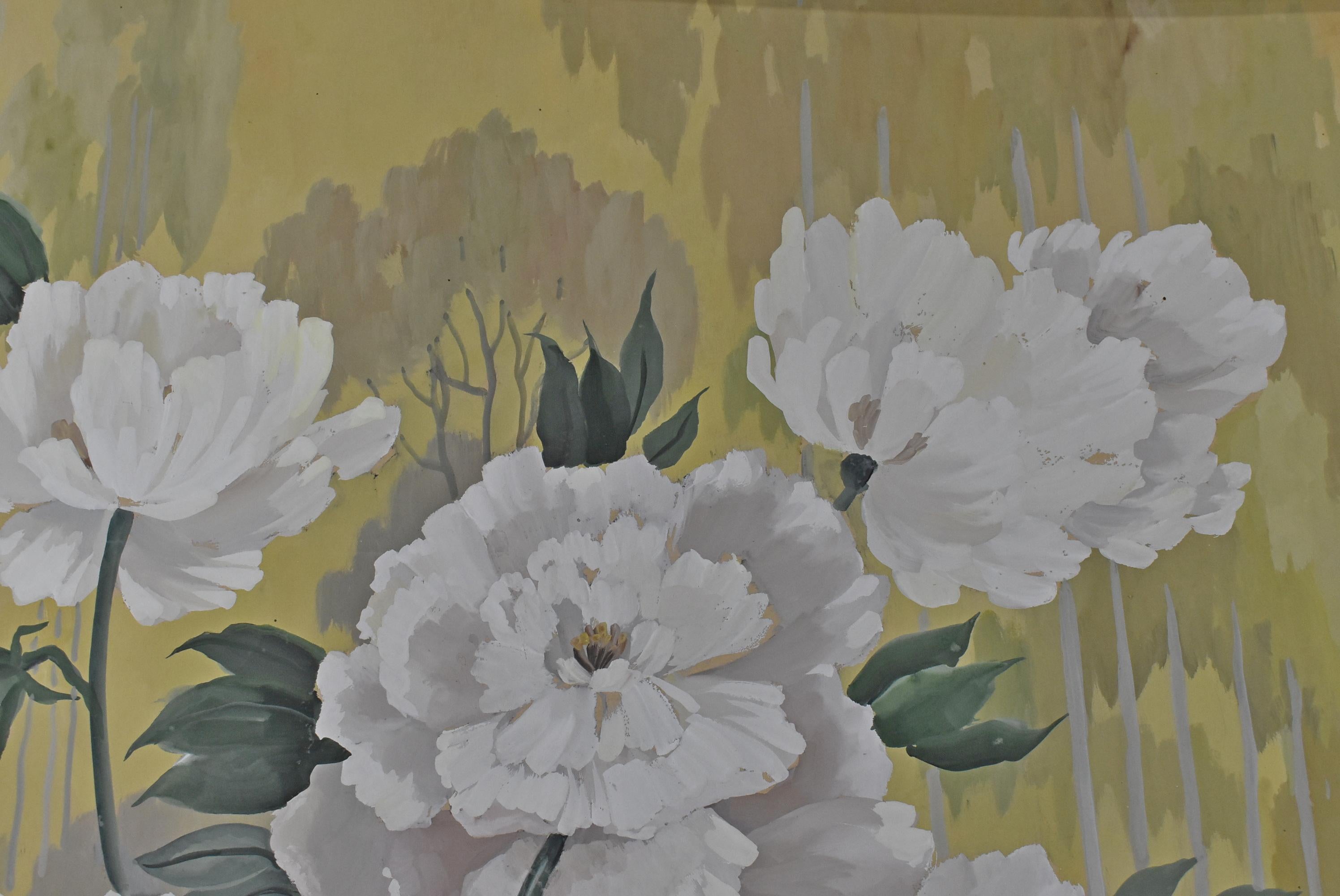 20th Century Art Deco Era Still Life by Kupur of White Peonies and Gazelles For Sale