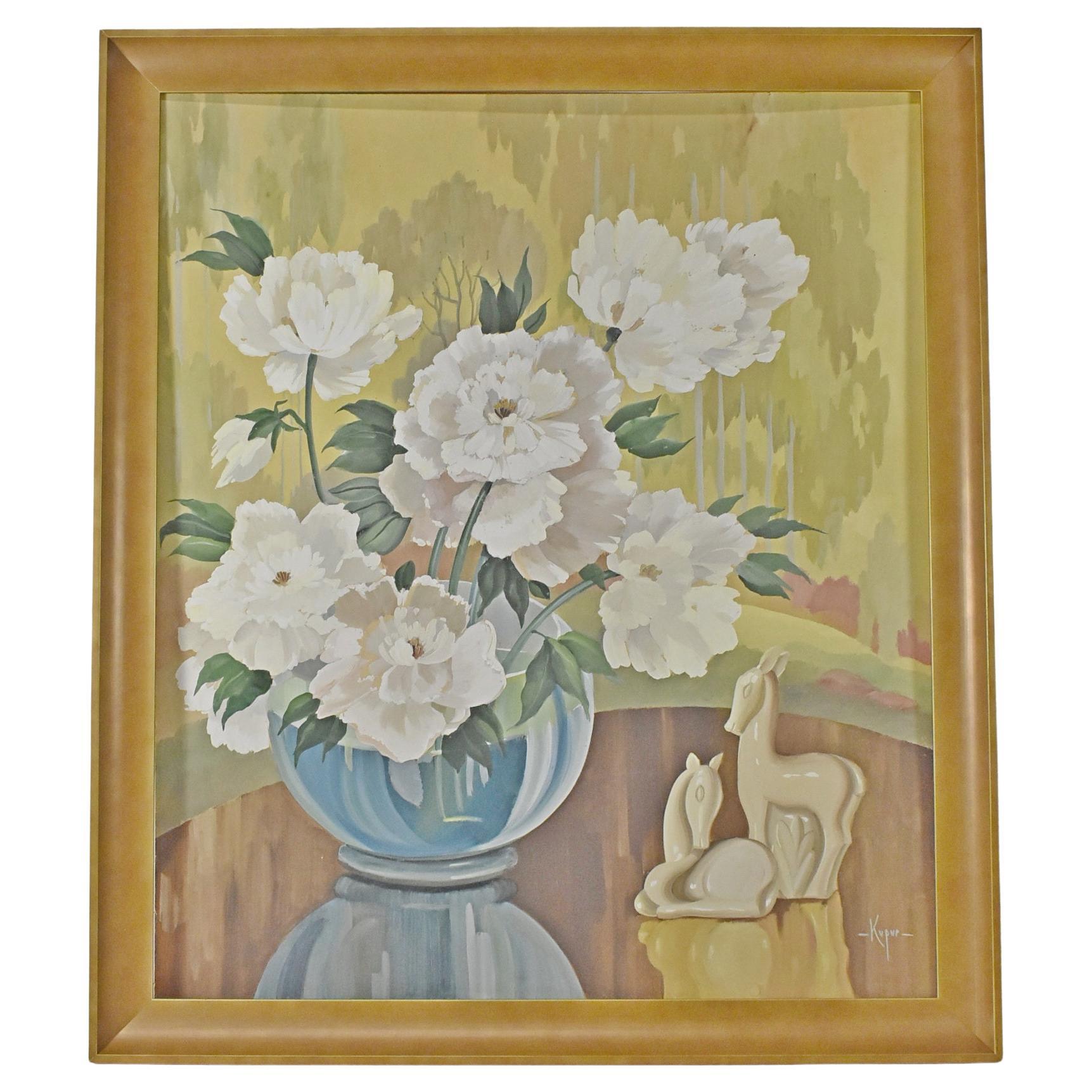 Art Deco Era Still Life by Kupur of White Peonies and Gazelles For Sale