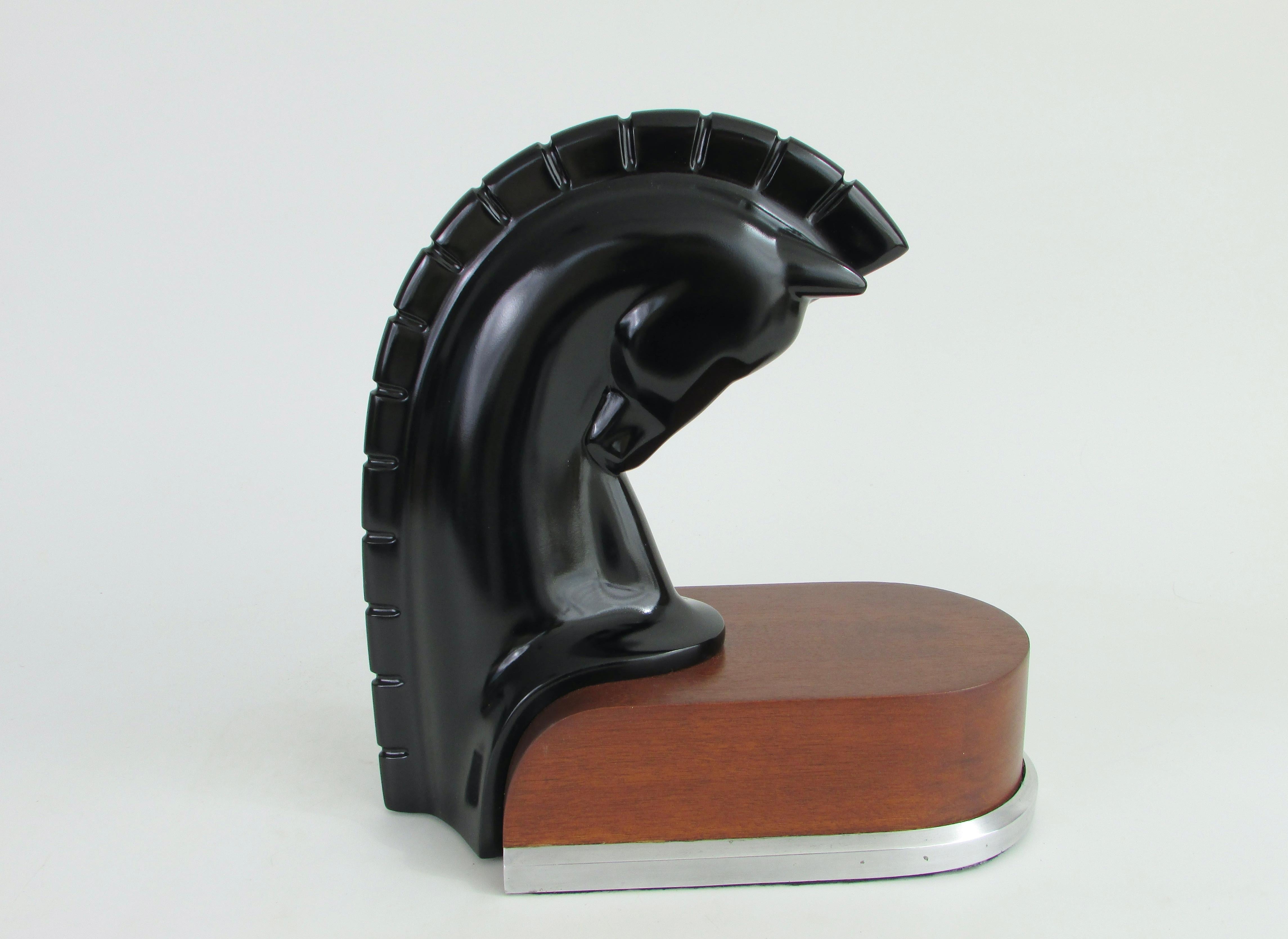Art Deco era stylized horse head sculpture on streamlined wood and aluminum base For Sale 4