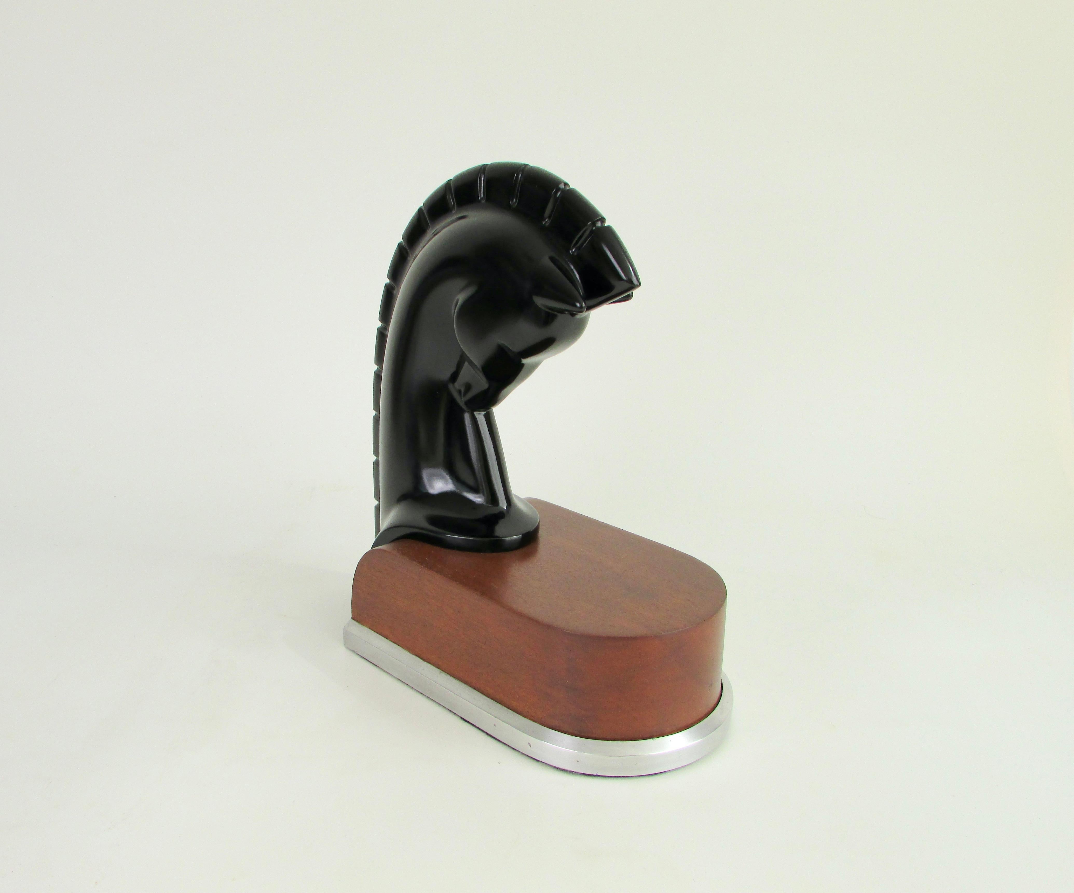 Art Deco era stylized horse head sculpture on streamlined wood and aluminum base For Sale 5