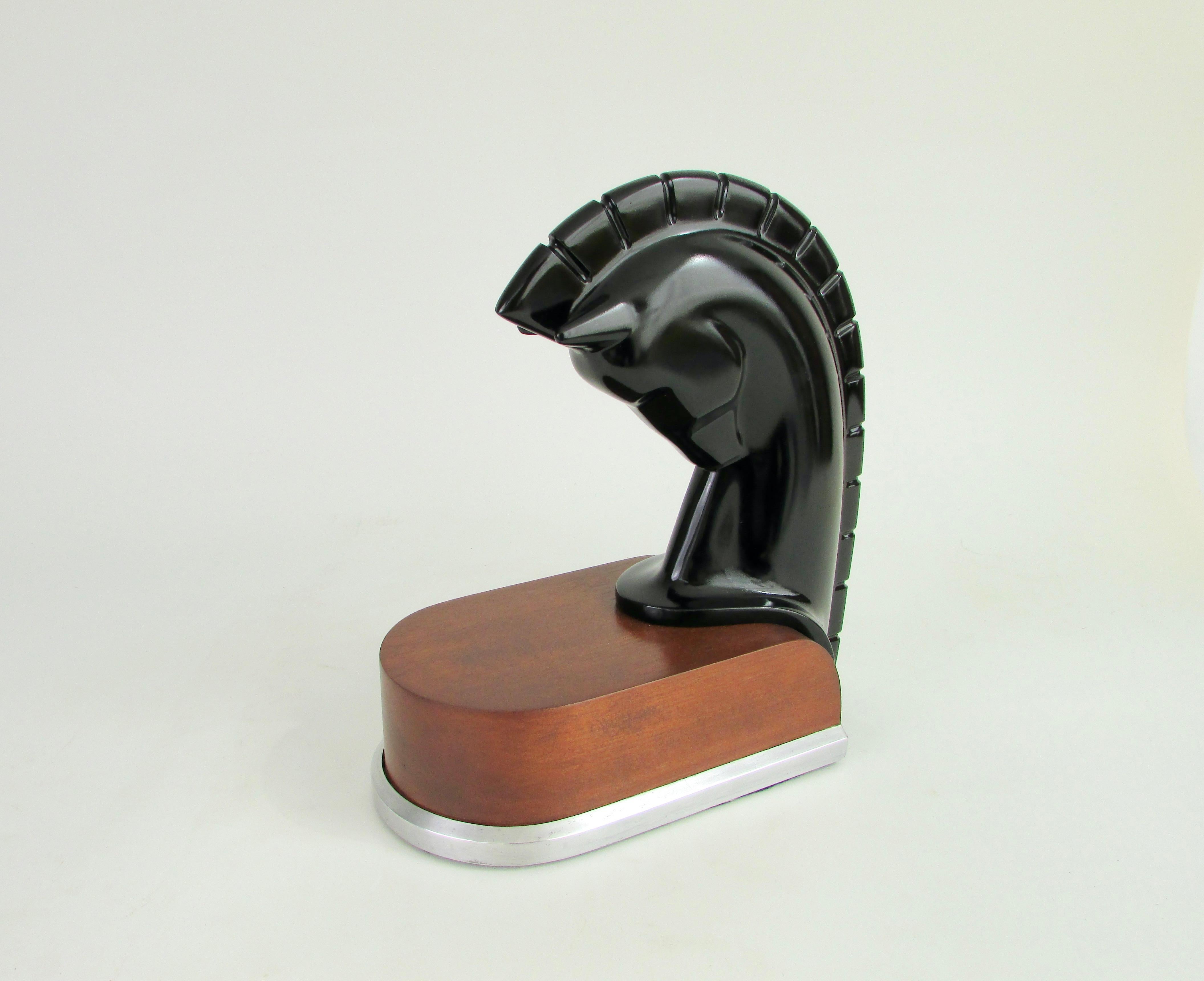 Art Deco era stylized horse head sculpture on streamlined wood and aluminum base For Sale 6