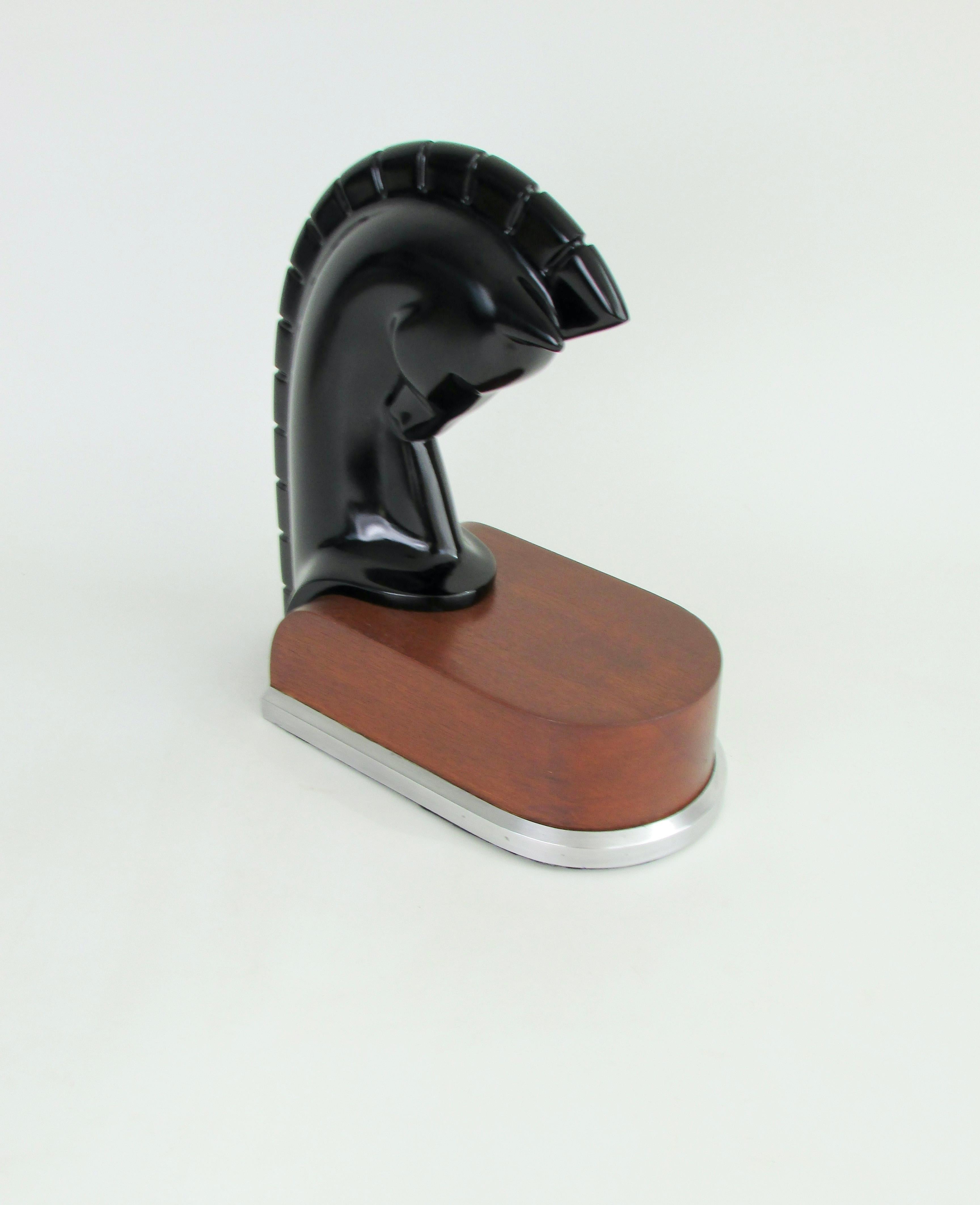 American Art Deco era stylized horse head sculpture on streamlined wood and aluminum base For Sale