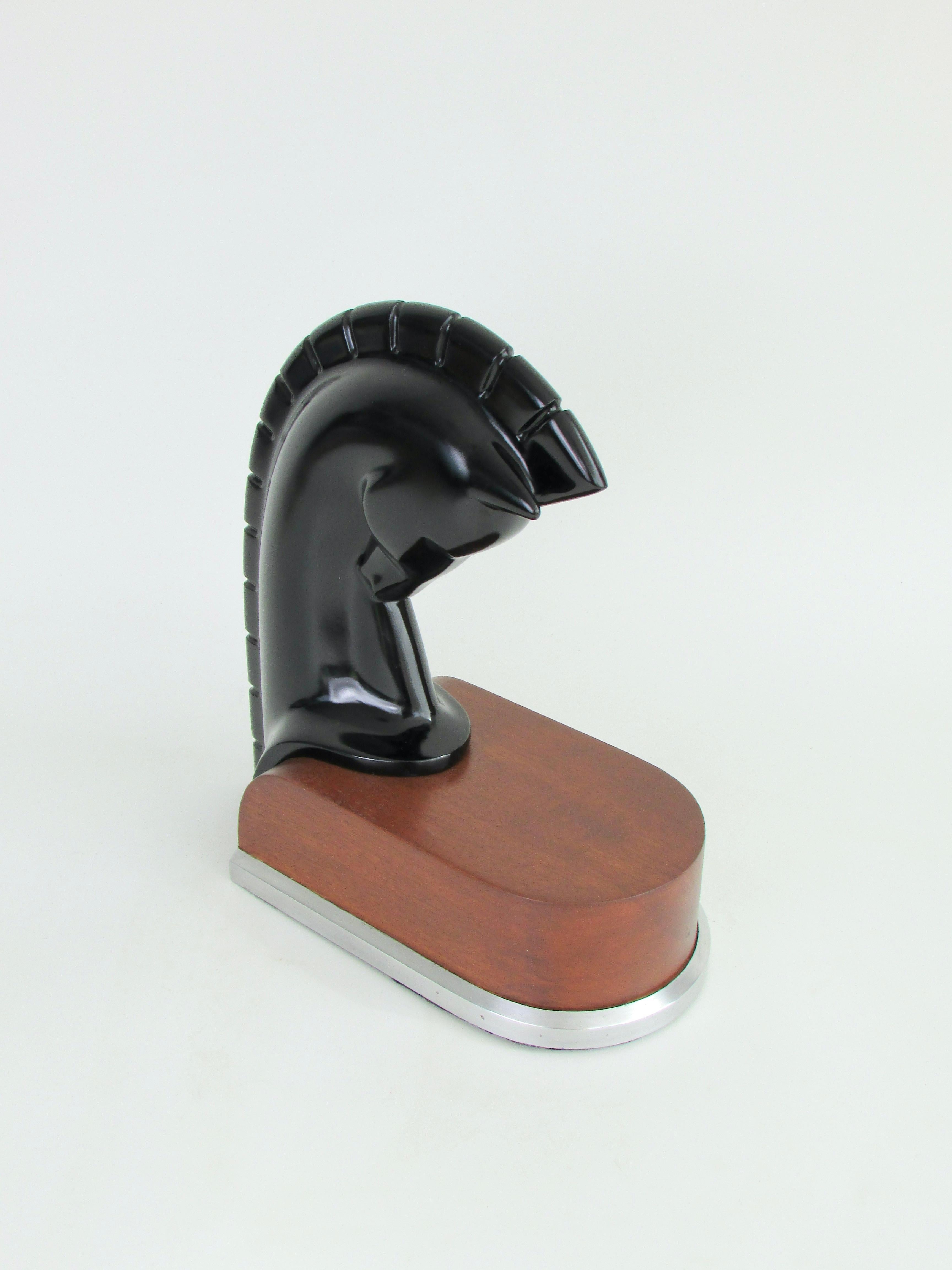 Lacquered Art Deco era stylized horse head sculpture on streamlined wood and aluminum base For Sale