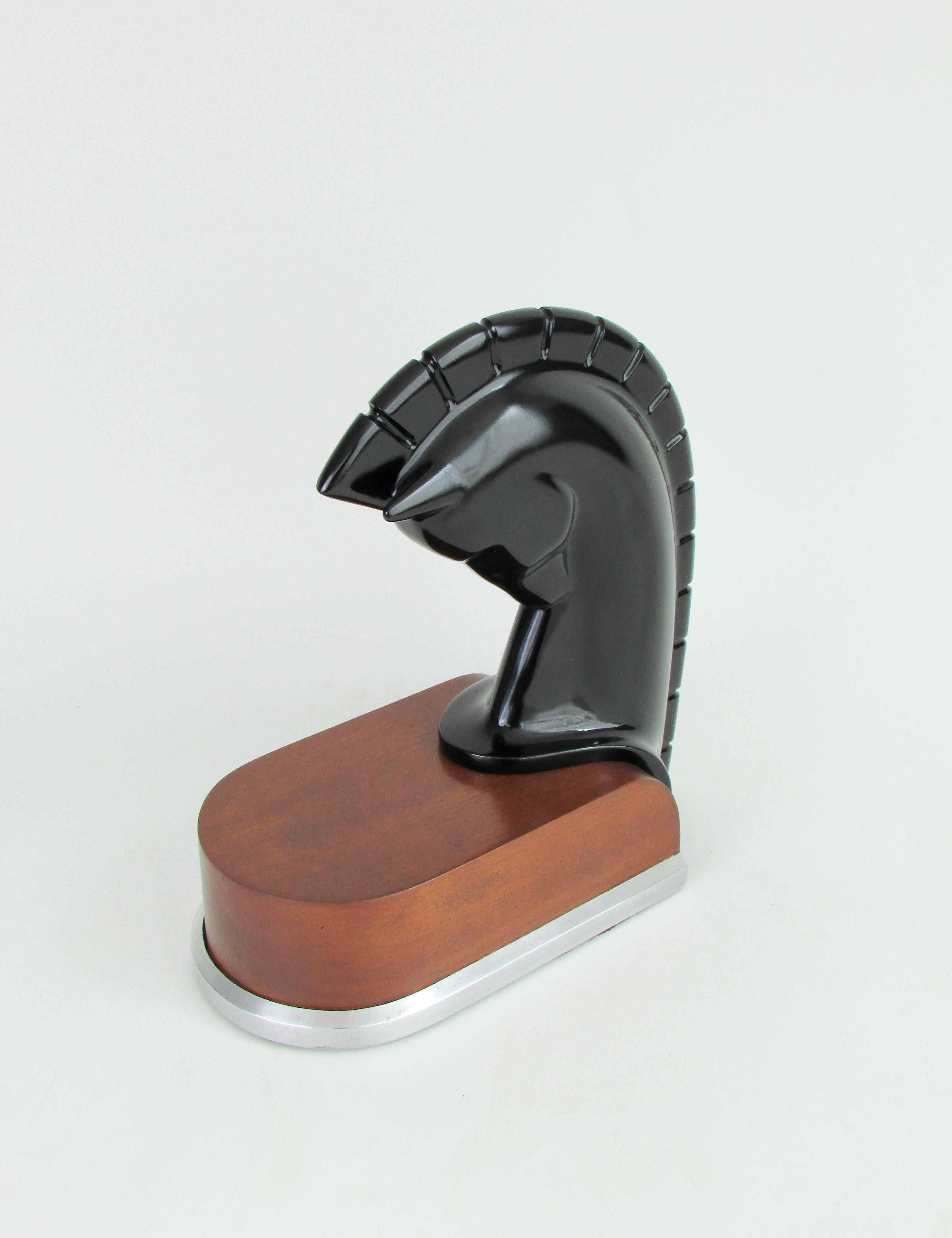 Art Deco era stylized horse head sculpture on streamlined wood and aluminum base In Good Condition For Sale In Ferndale, MI