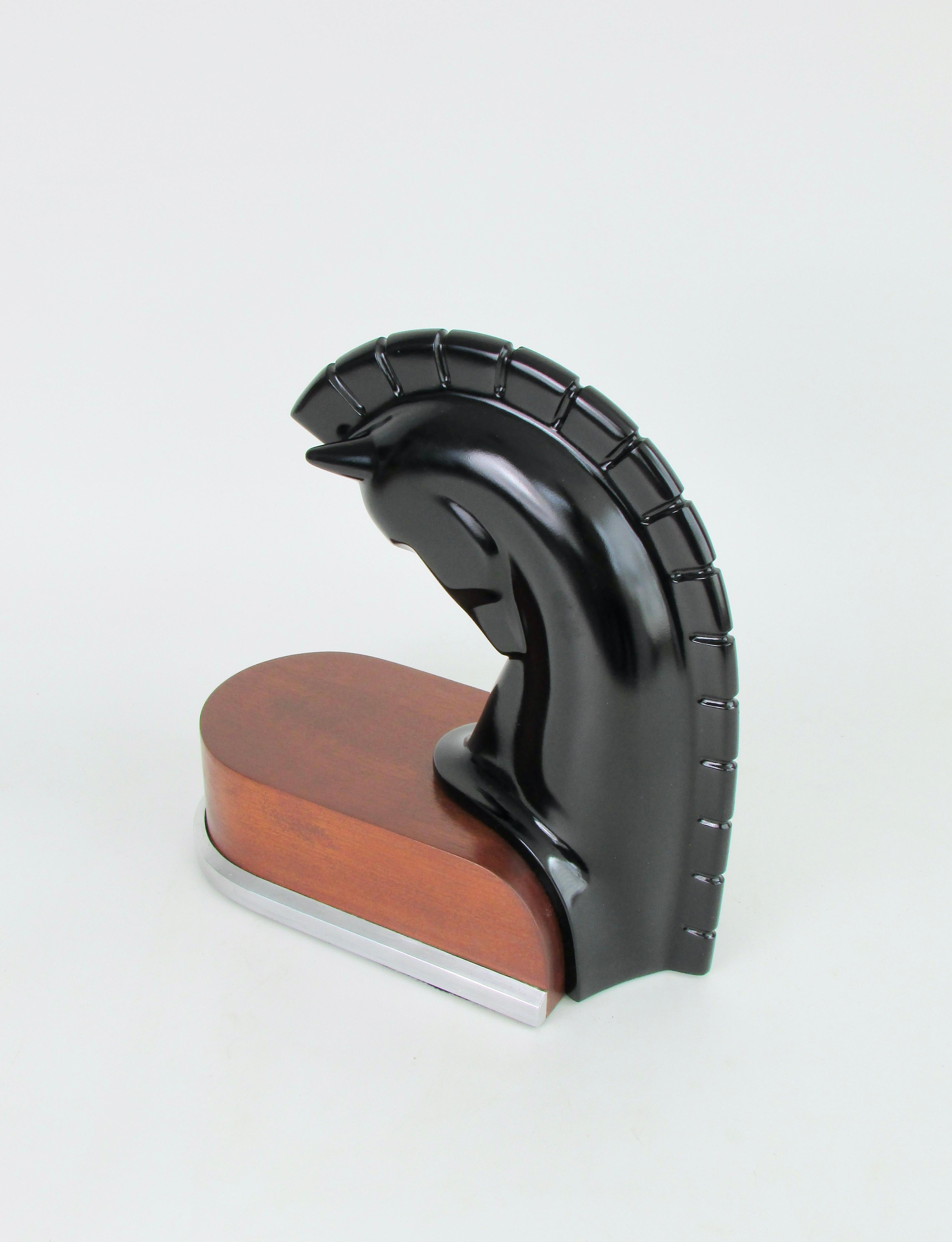 20th Century Art Deco era stylized horse head sculpture on streamlined wood and aluminum base For Sale