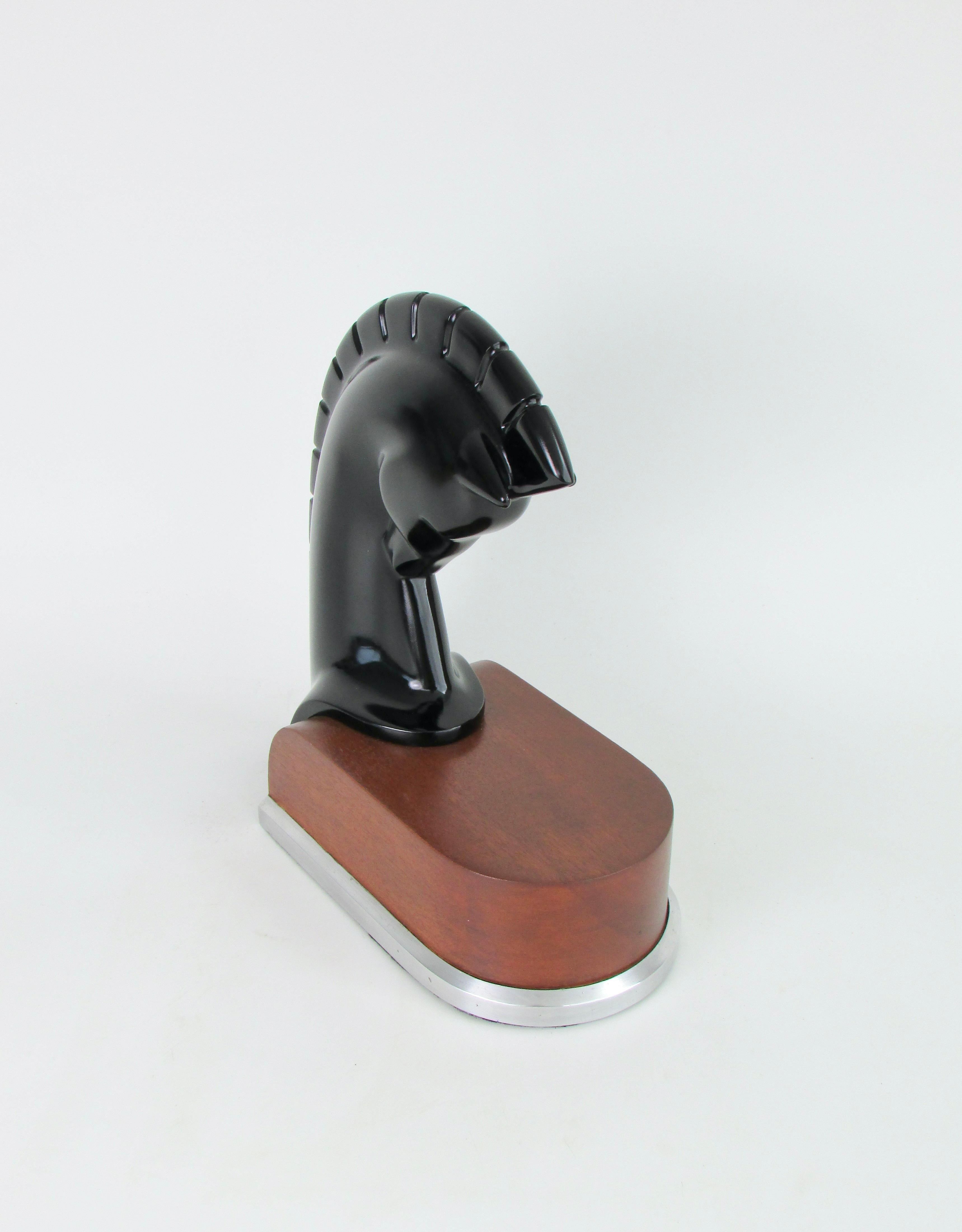Art Deco era stylized horse head sculpture on streamlined wood and aluminum base For Sale 2