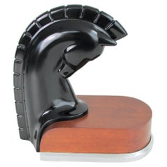 Art Deco era stylized horse head sculpture on streamlined wood and aluminum base