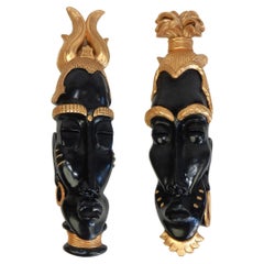 Art Deco era Tiki Stylized Nubian Plaster Wall Sculptures