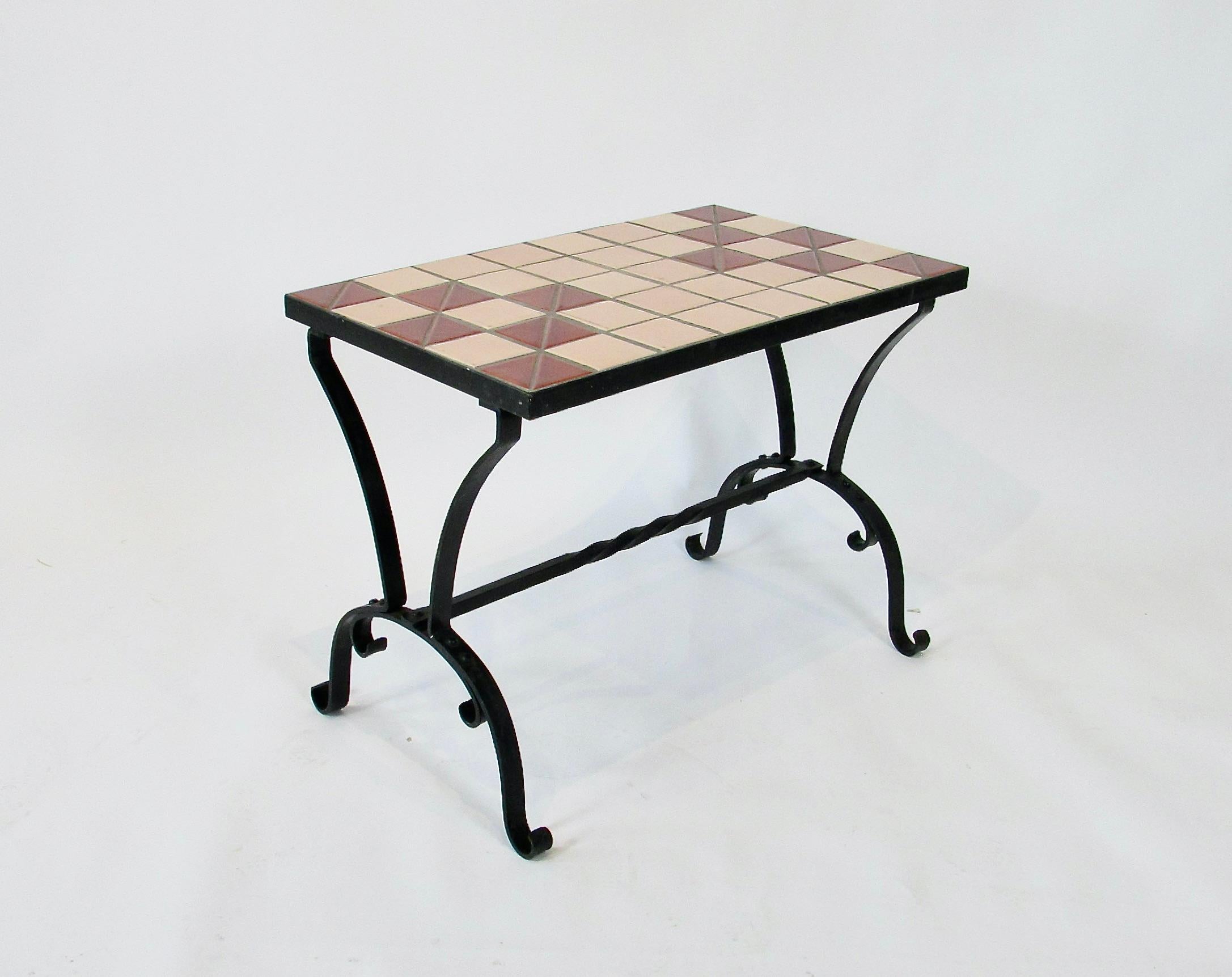 American Art Deco era tile top table on riveted wrought iron base For Sale