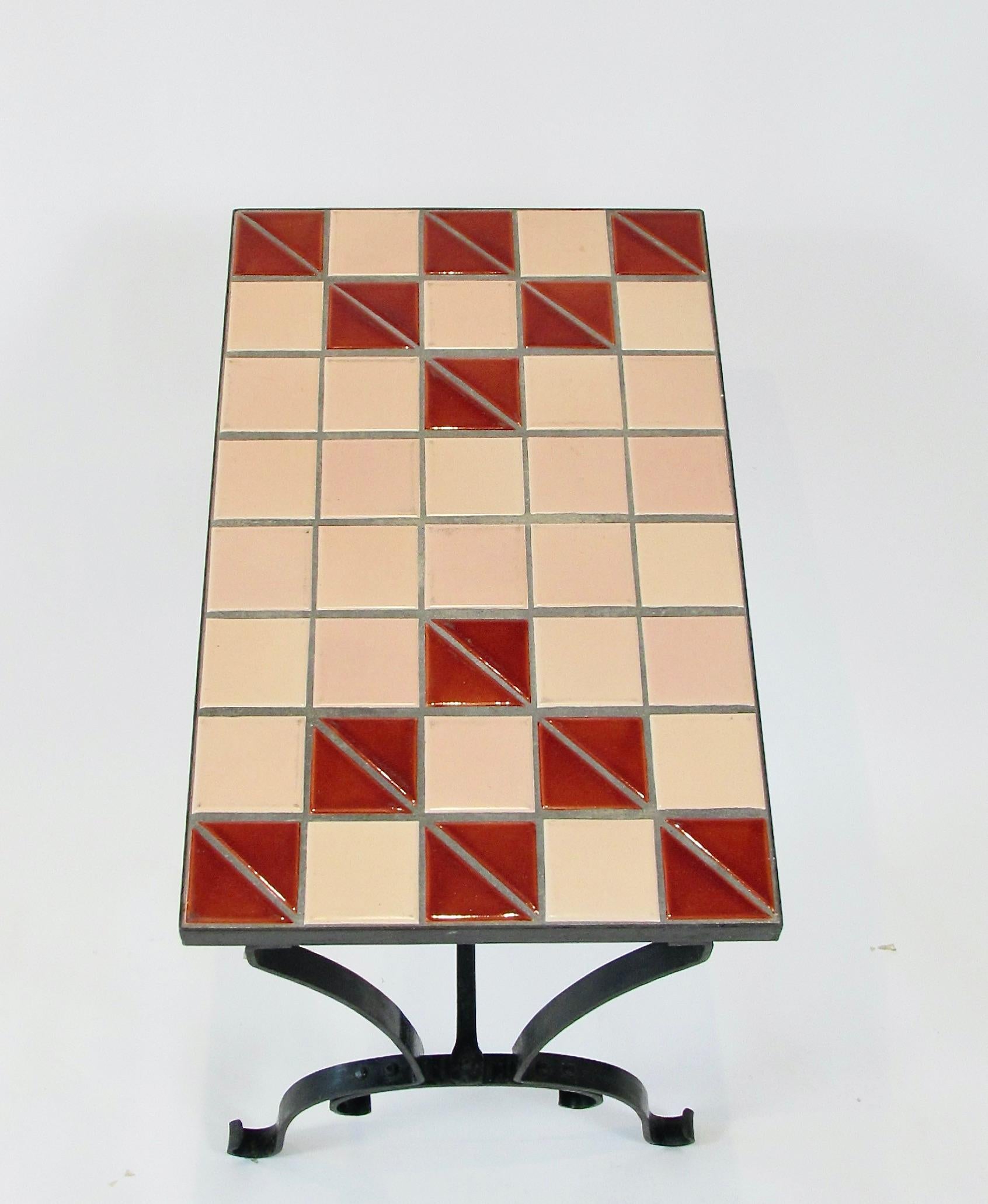 Iron Art Deco era tile top table on riveted wrought iron base For Sale