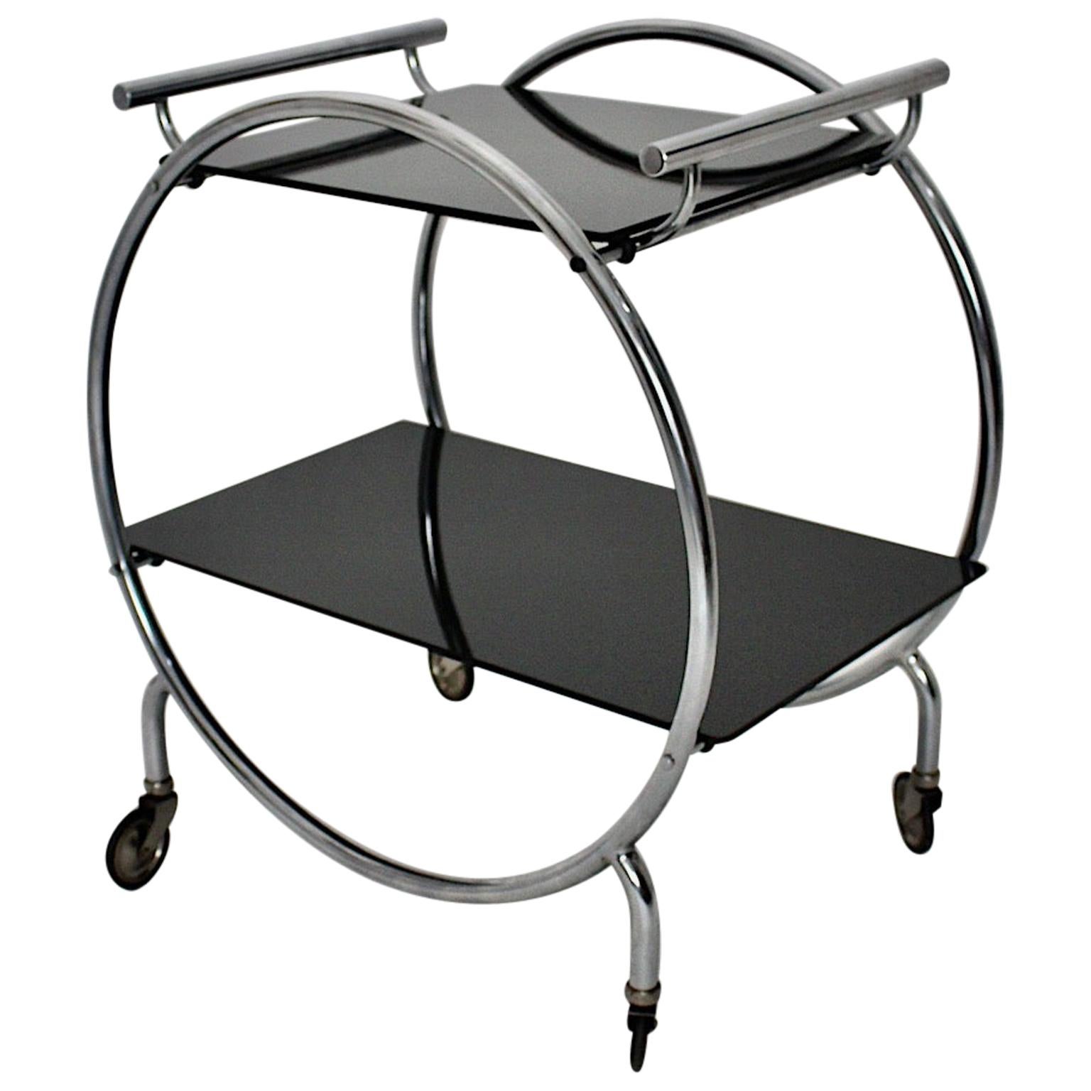 Carrello da bar o carrello in vetro cromato Bauhaus d'epoca Art Deco, Germania anni '30