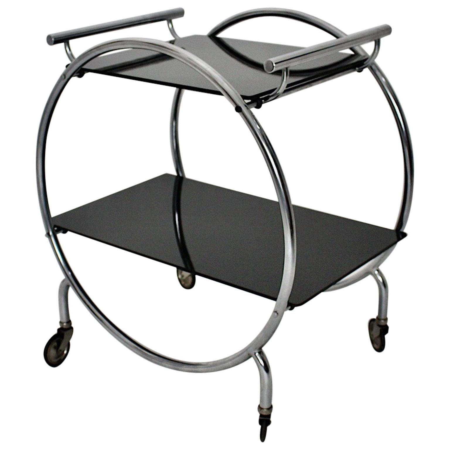 Art Deco Era Vintage Bauhaus Chromed Metal Glass Bar Cart or Cart, 1930s Germany For Sale