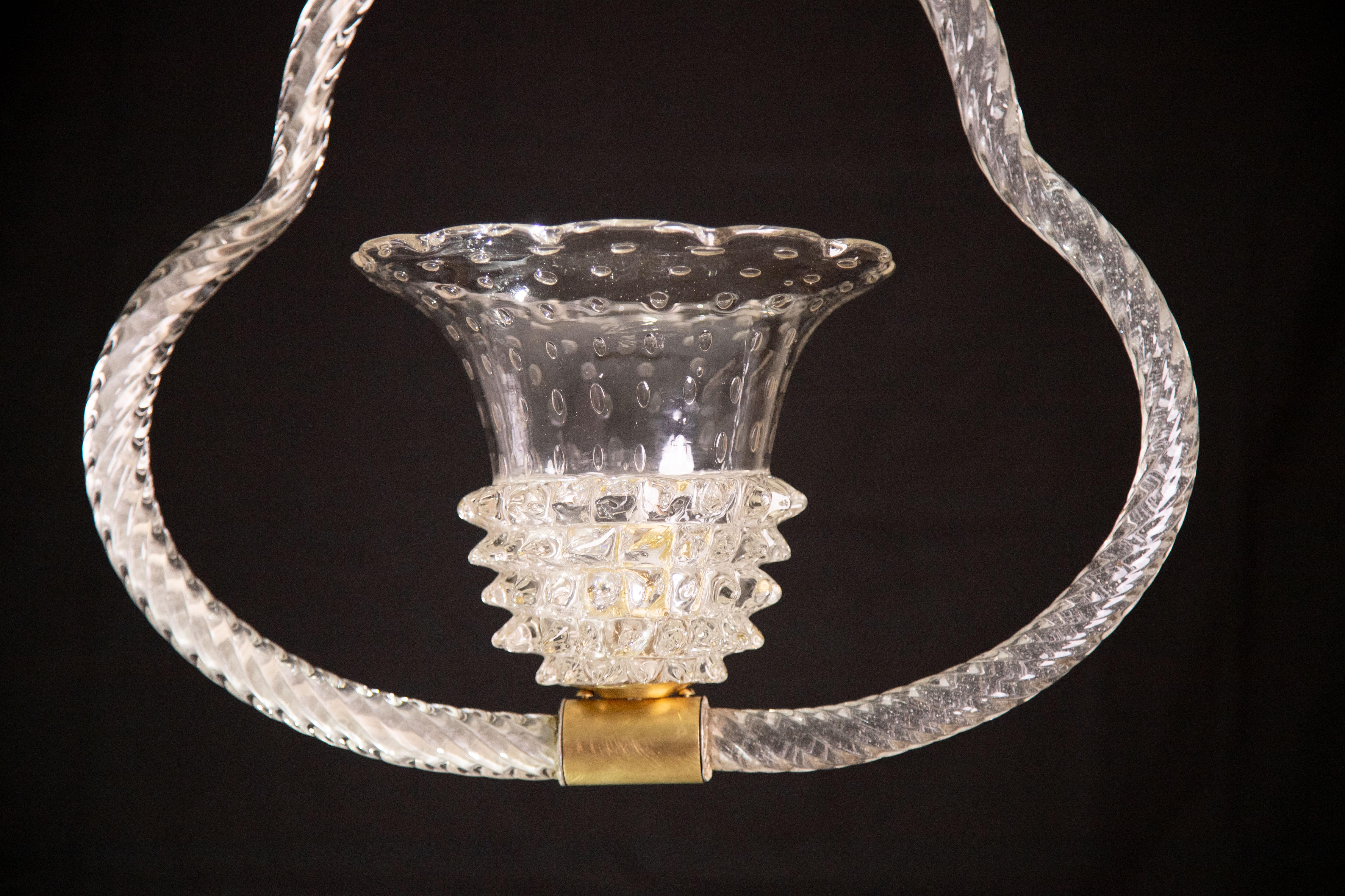 Mid-20th Century Art decò Ercole Barovier Chandelier Rostrato and Bullicante Murano Glass, 1940s For Sale