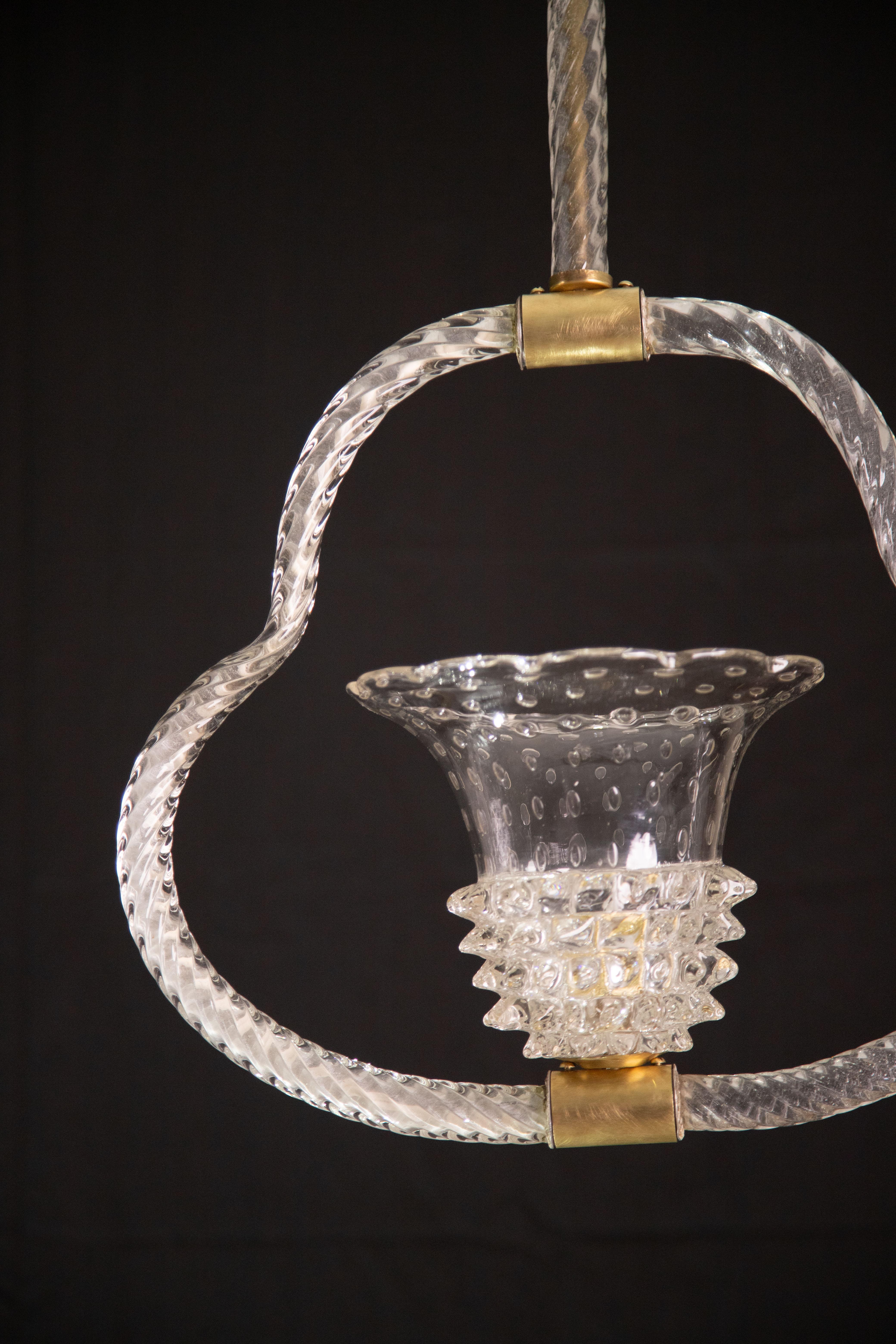 Art decò Ercole Barovier Chandelier Rostrato and Bullicante Murano Glass, 1940s For Sale 1