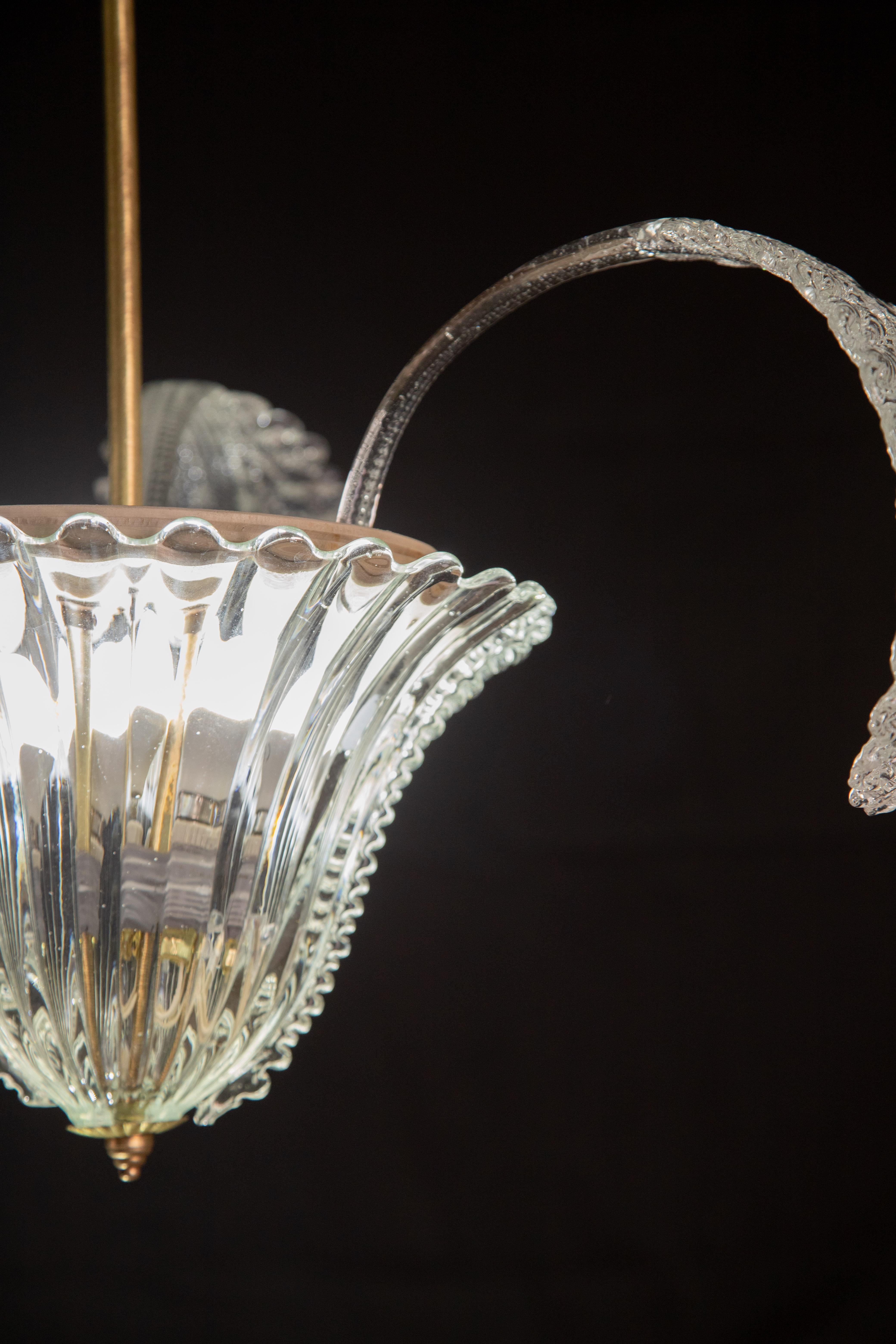 Mid-20th Century Art Deco Ercole Barovier & Toso Pendant Light, Murano Glass, 1940s For Sale