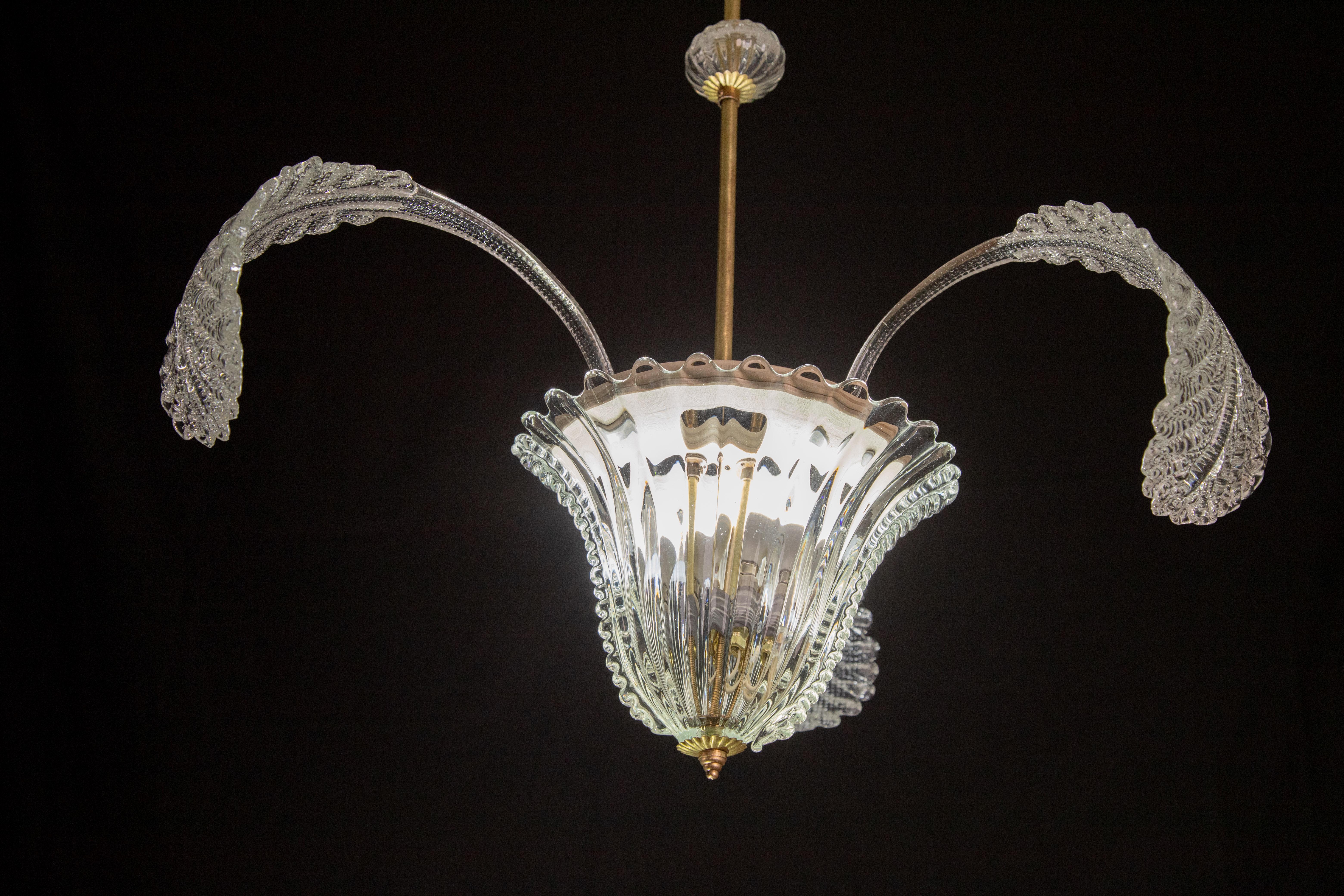 Art Deco Ercole Barovier & Toso Pendant Light, Murano Glass, 1940s For Sale 2
