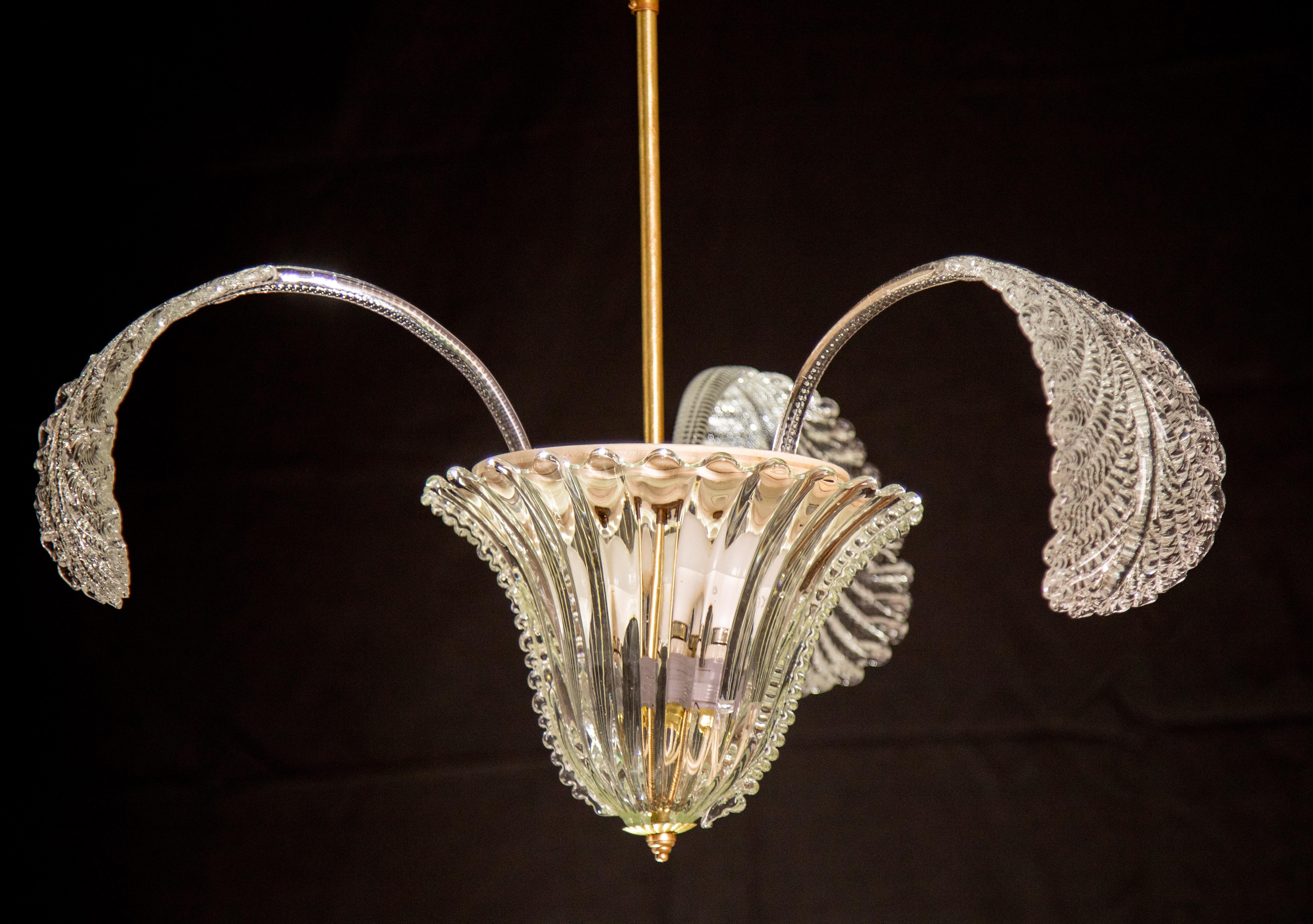 Art Deco Ercole Barovier & Toso Pendant Light, Murano Glass, 1940s For Sale 4