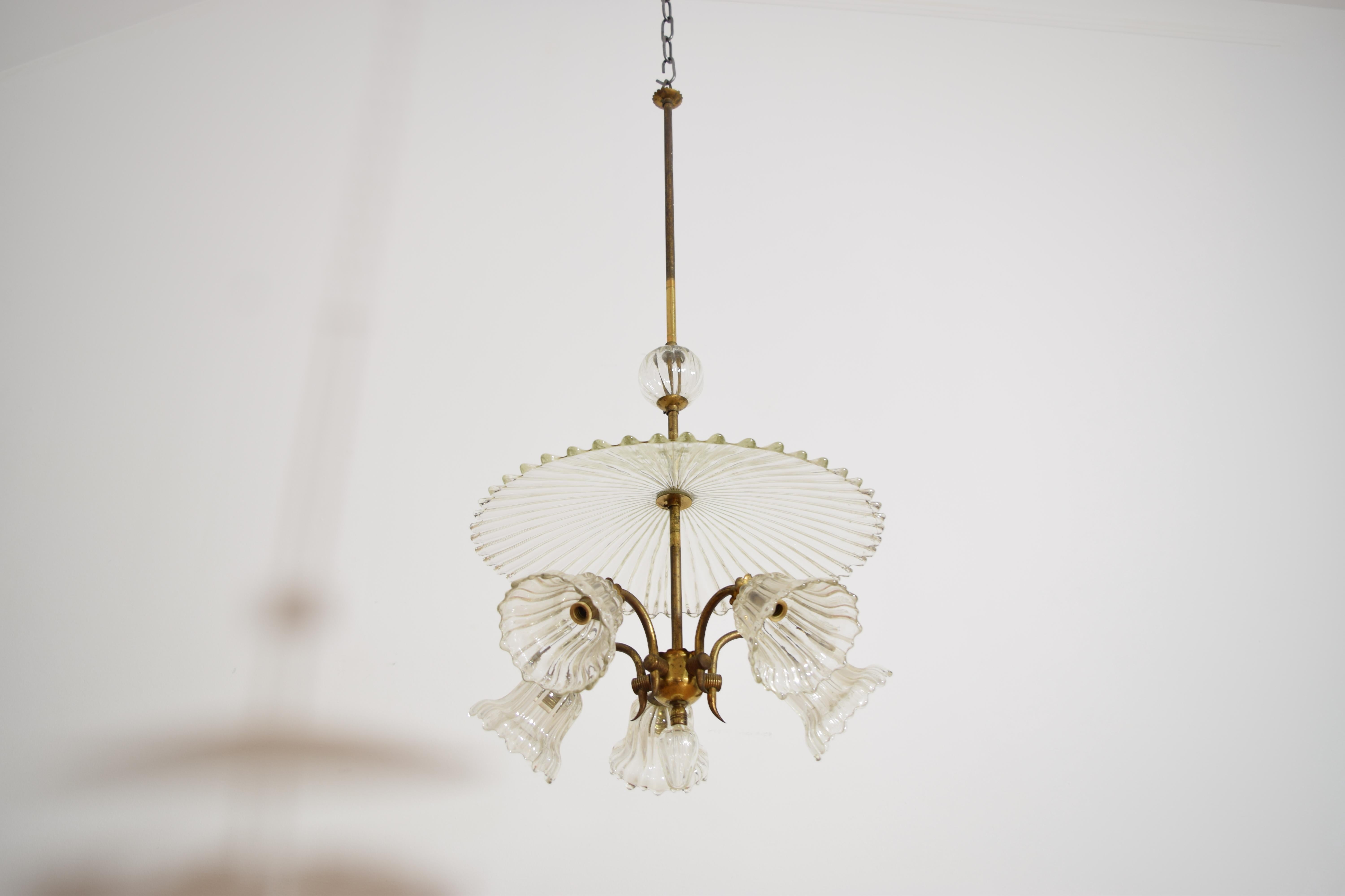 Cuit Art déco Ercole Barovier Venini Lustre en verre Murano à 5 lumières en vente