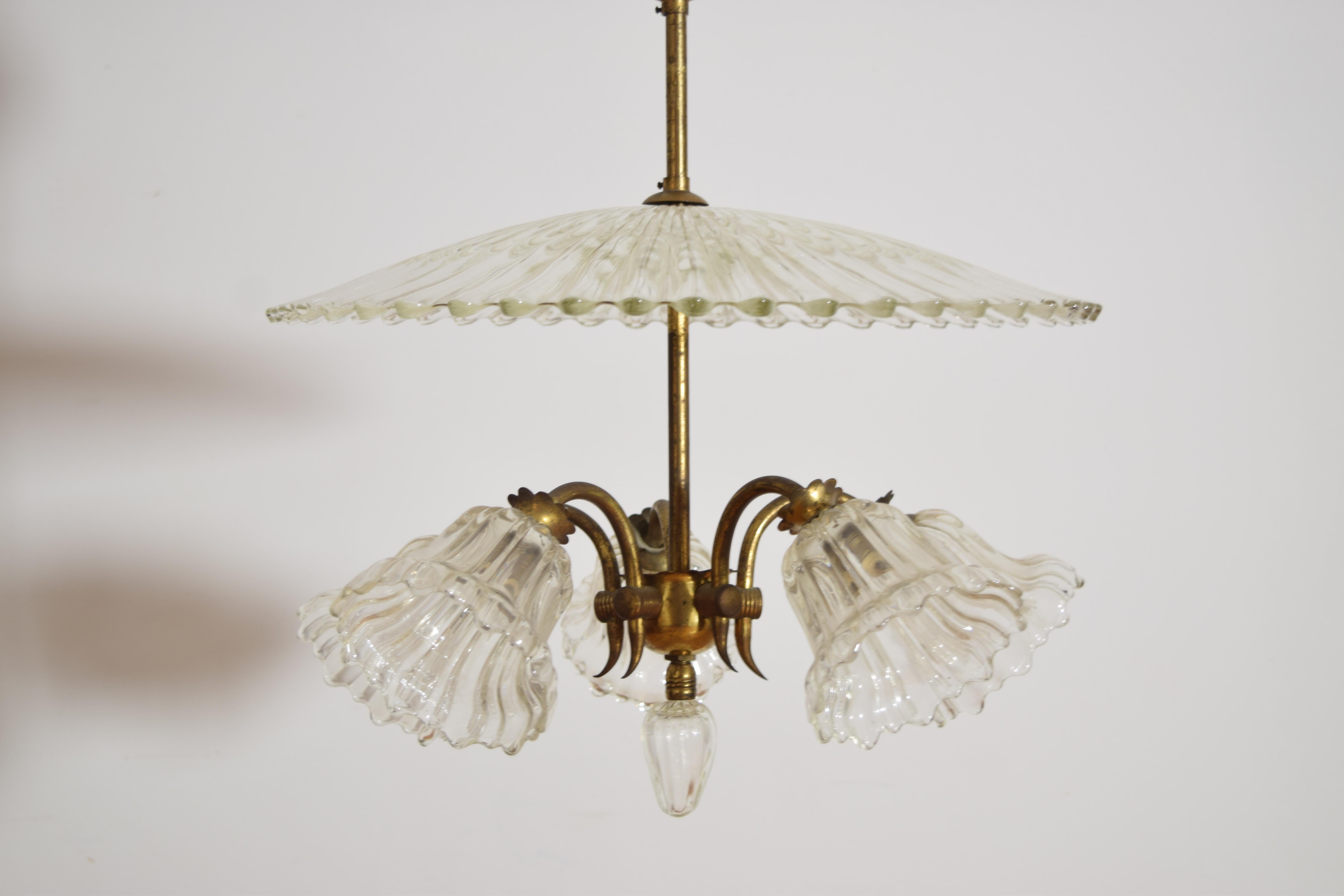 Laiton Art déco Ercole Barovier Venini Lustre en verre Murano à 5 lumières en vente
