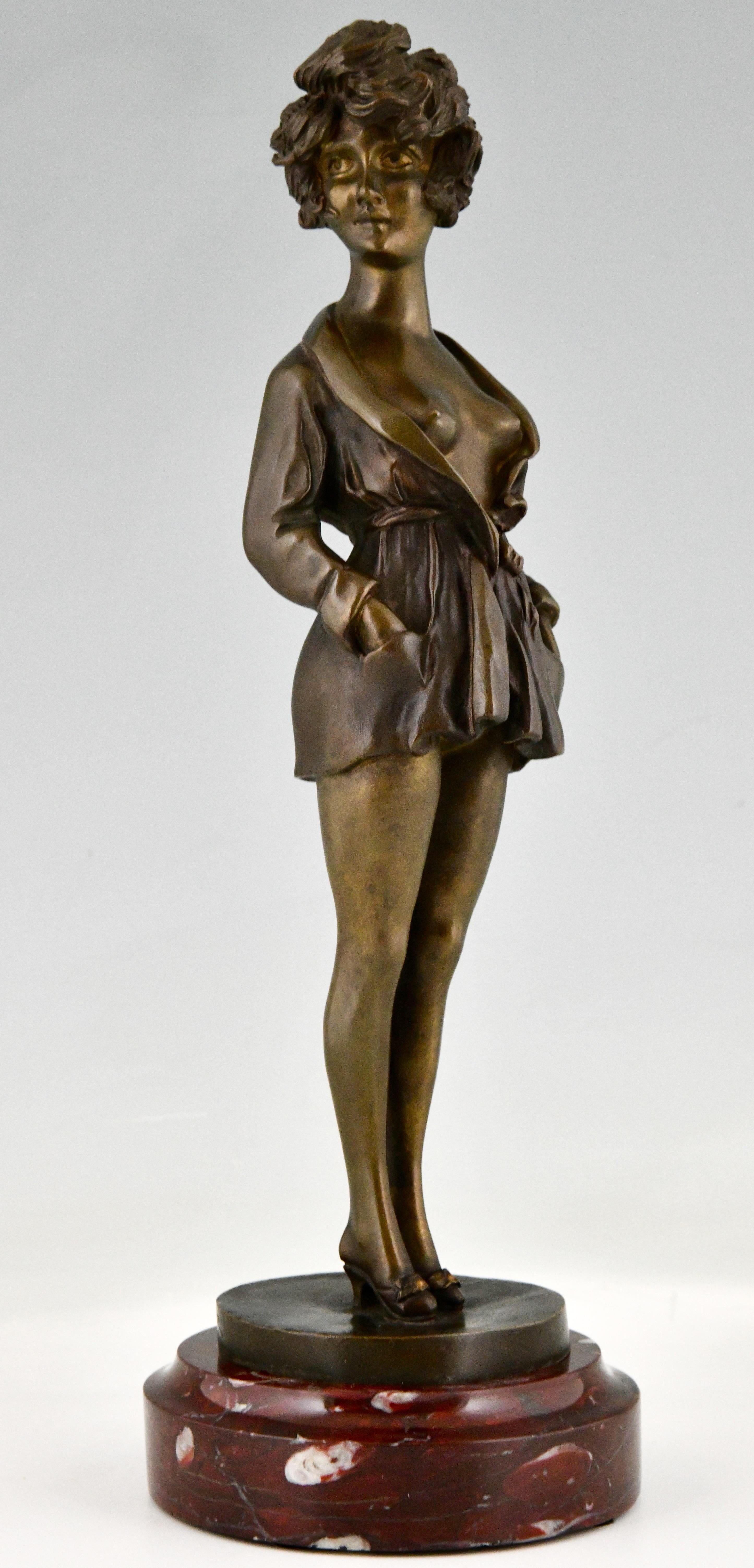 French Art Deco erotic bronze nude in dressing gown La Parisienne by Maurice Milliere  For Sale