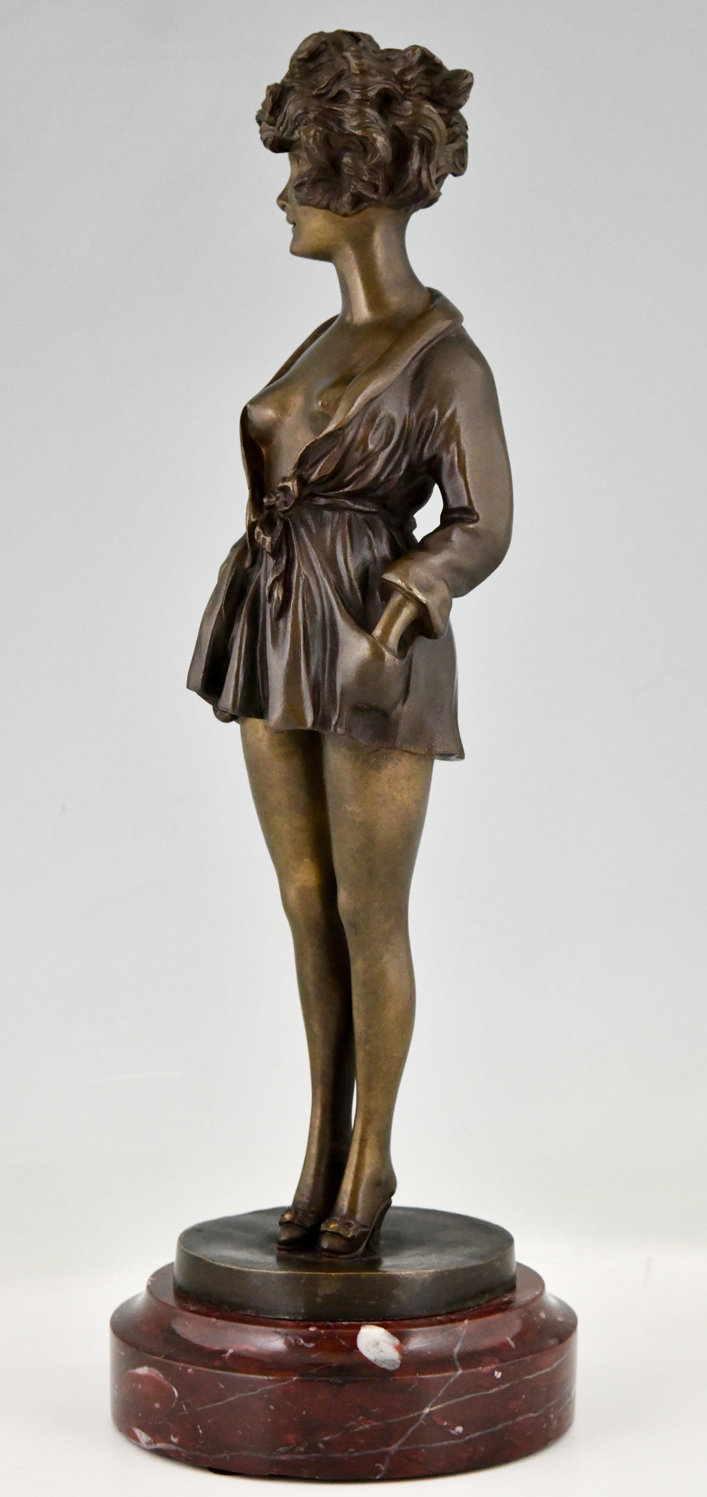 Art Deco erotic bronze nude in dressing gown La Parisienne by Maurice Milliere  For Sale 1