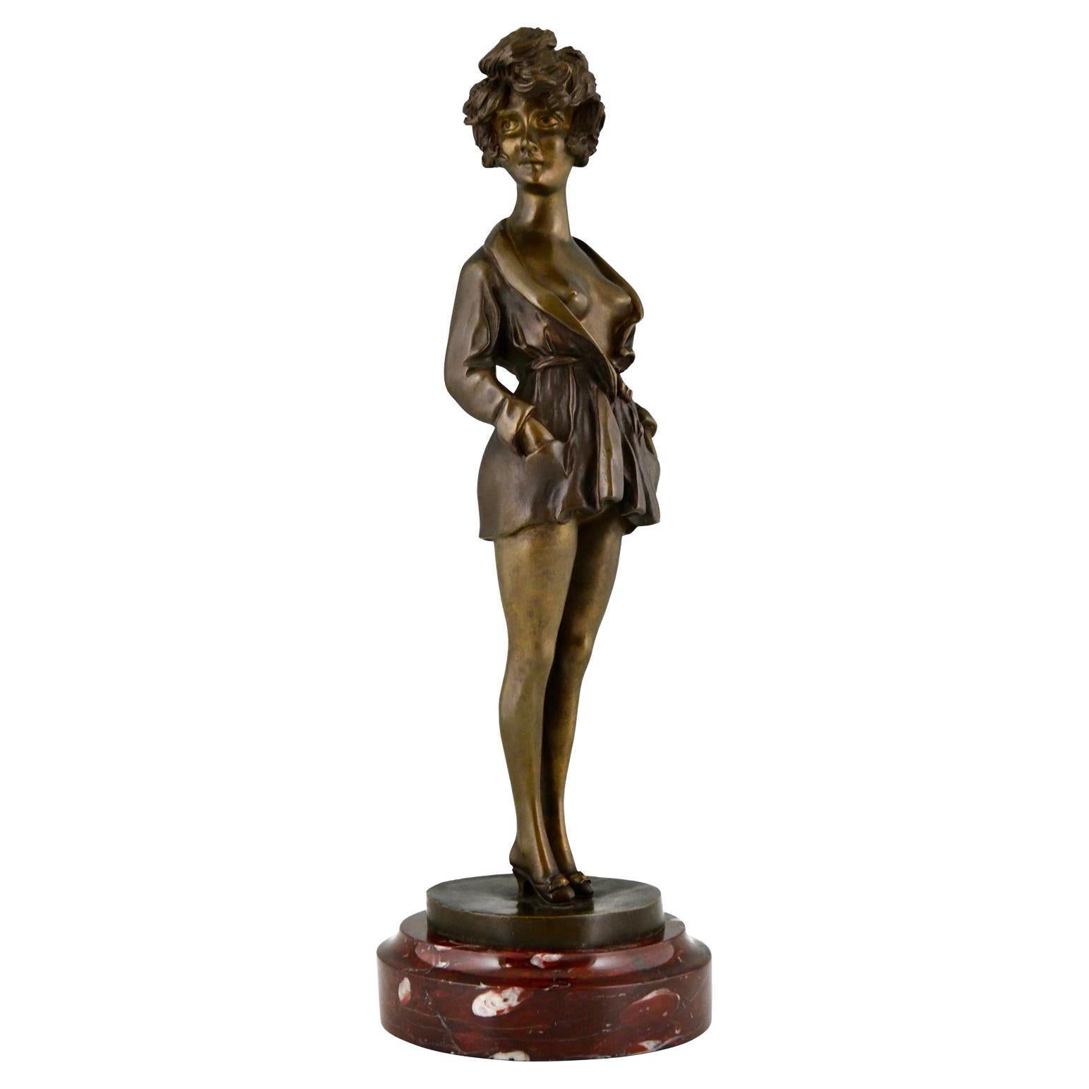 Art Deco erotic bronze nude in dressing gown La Parisienne by Maurice Milliere  For Sale