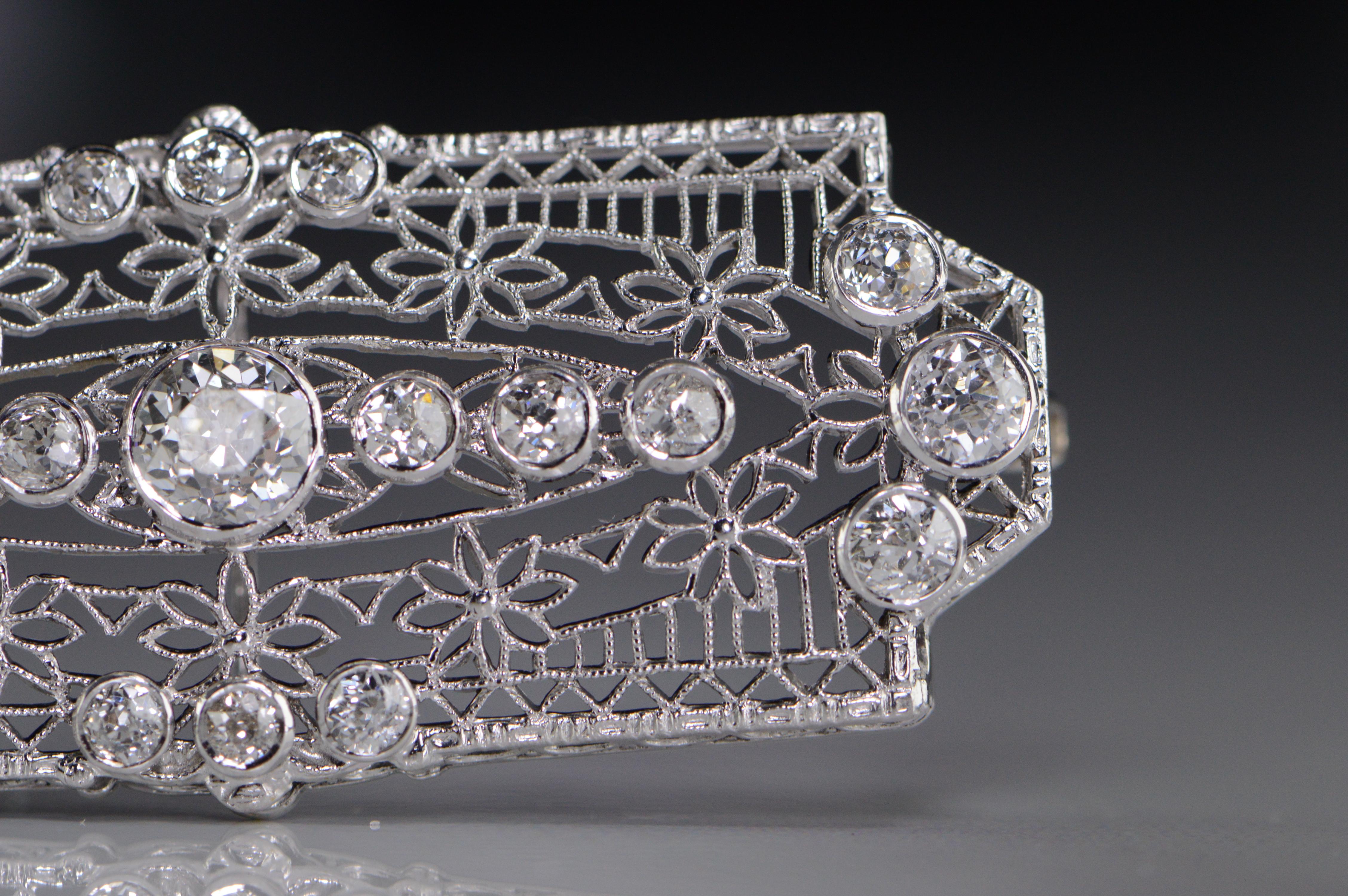 Women's Art Deco European Cut Diamond Filigree Brooch For Sale
