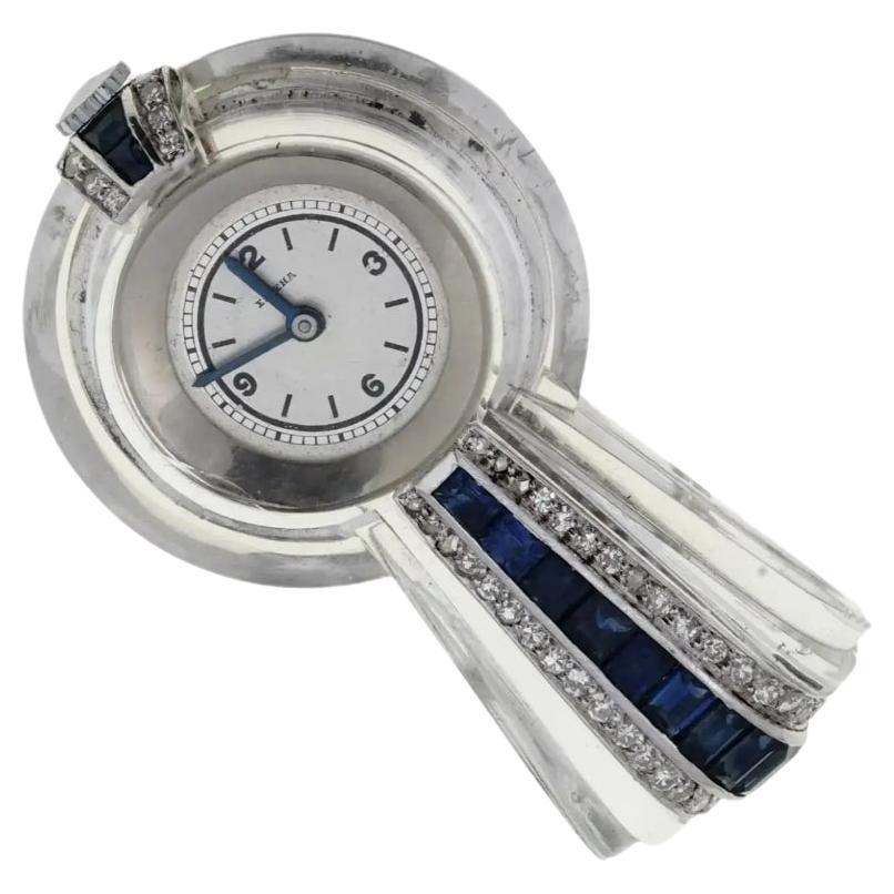 Art Deco Eszeha 14K White Gold Glass Lapel Watch