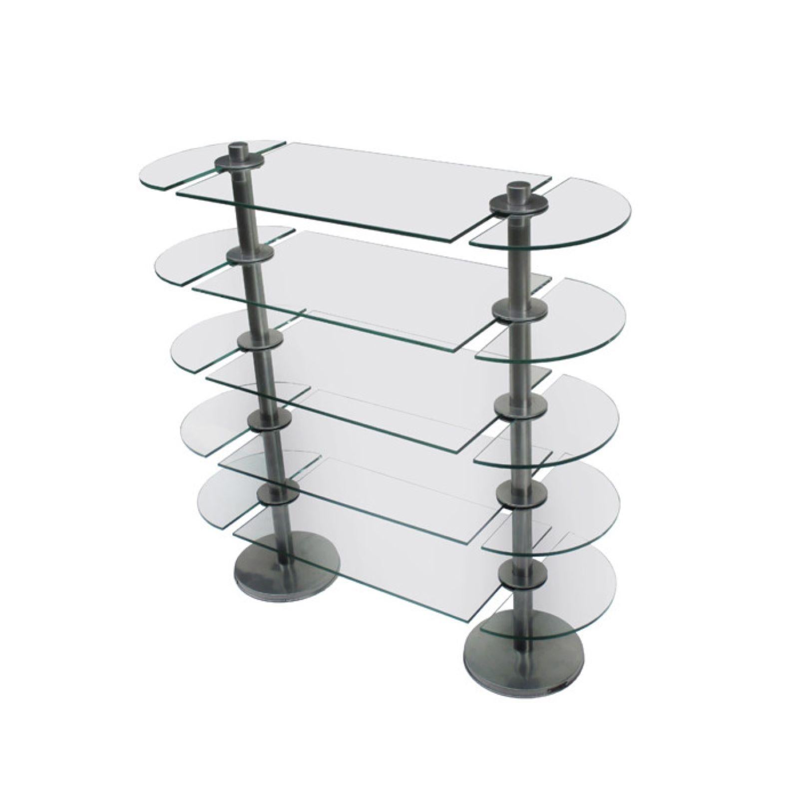 An Art Deco period etagere by Siegel of Paris from France circa 1930. These display shelves feature a pair of steel supports columns five levels each having three glass shelves. The steel columns stand on circular bases while each shelf end is a