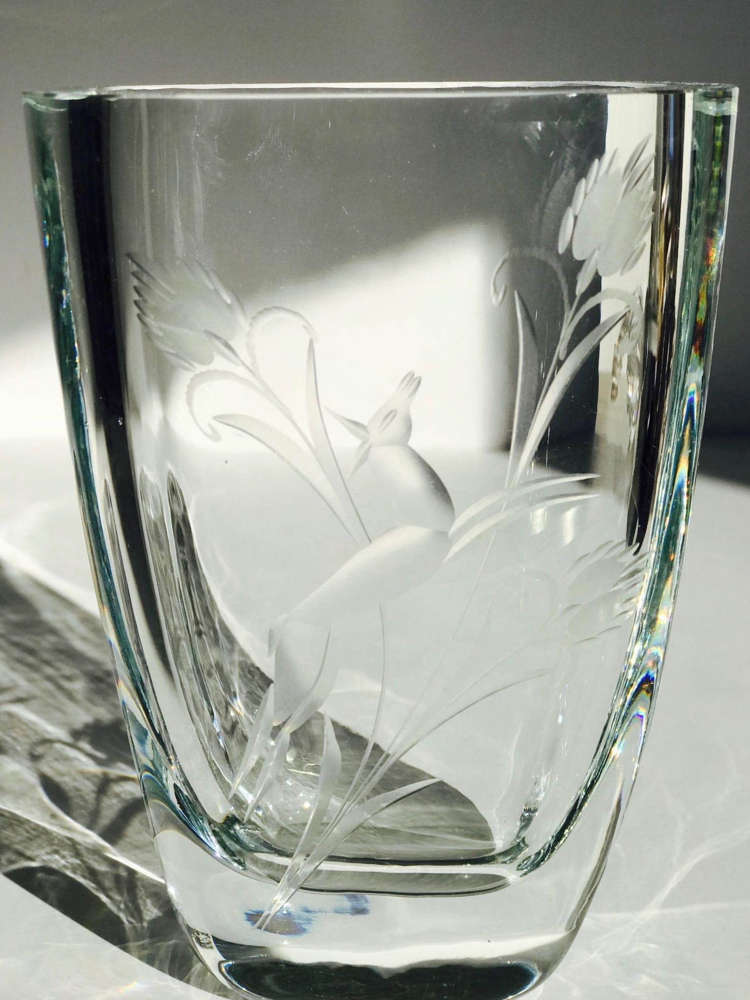 Swedish Art Deco Etched Crystal Glass Vase, Sweden, 1930s