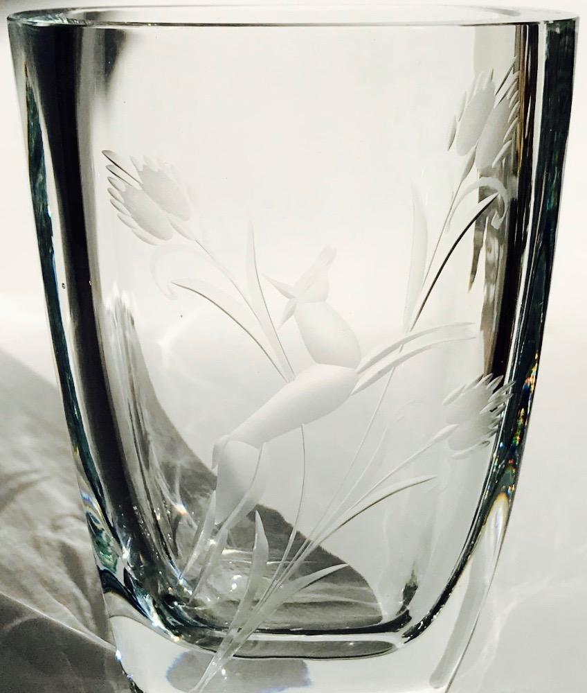 Polished Art Deco Etched Crystal Glass Vase, Sweden, 1930s