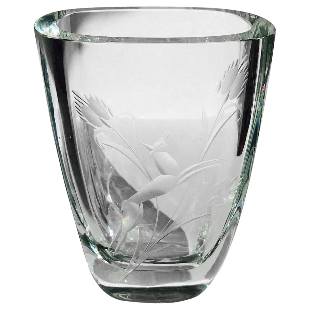 Art Deco Etched Crystal Glass Vase, Sweden, 1930s