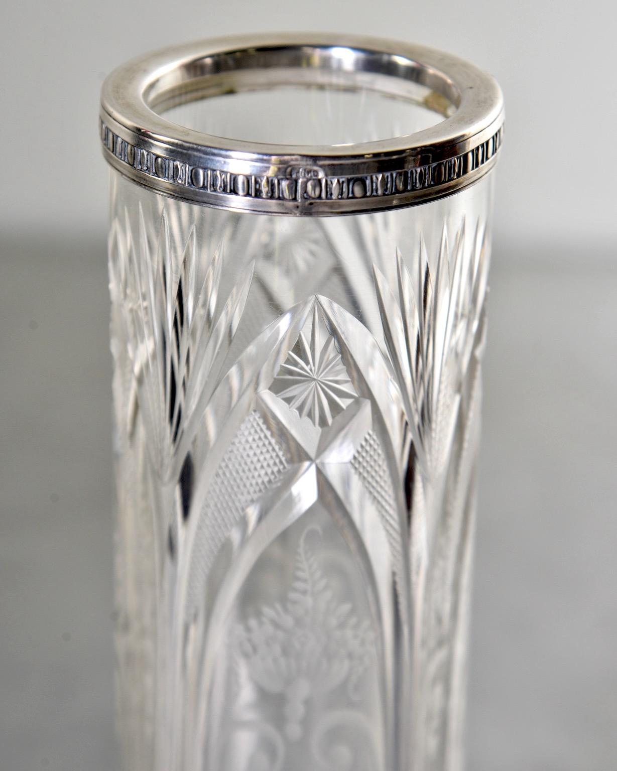 European Art Deco Etched Crystal Vase with Sterling Rim and Base  