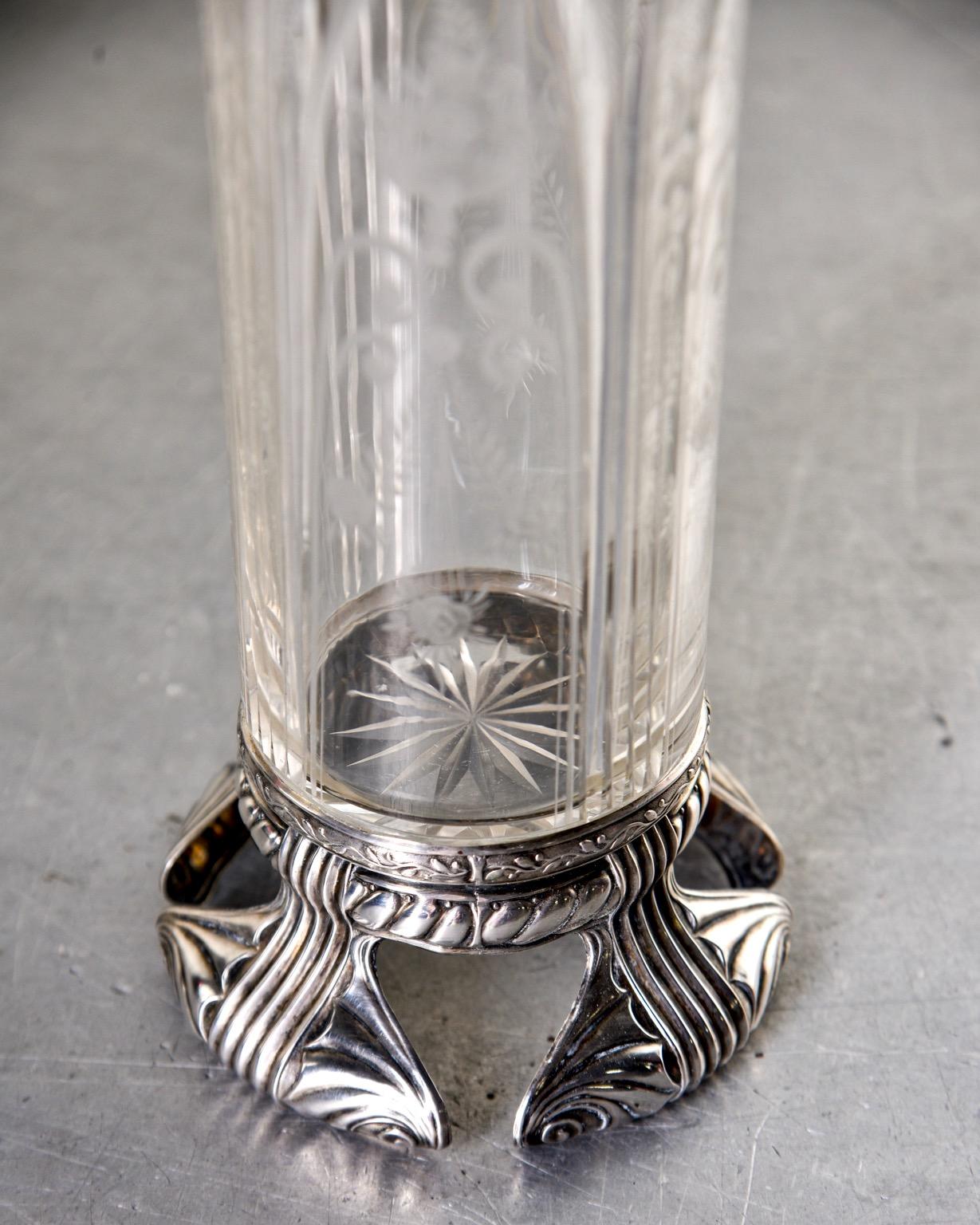 Art Deco Etched Crystal Vase with Sterling Rim and Base   In Good Condition In Troy, MI