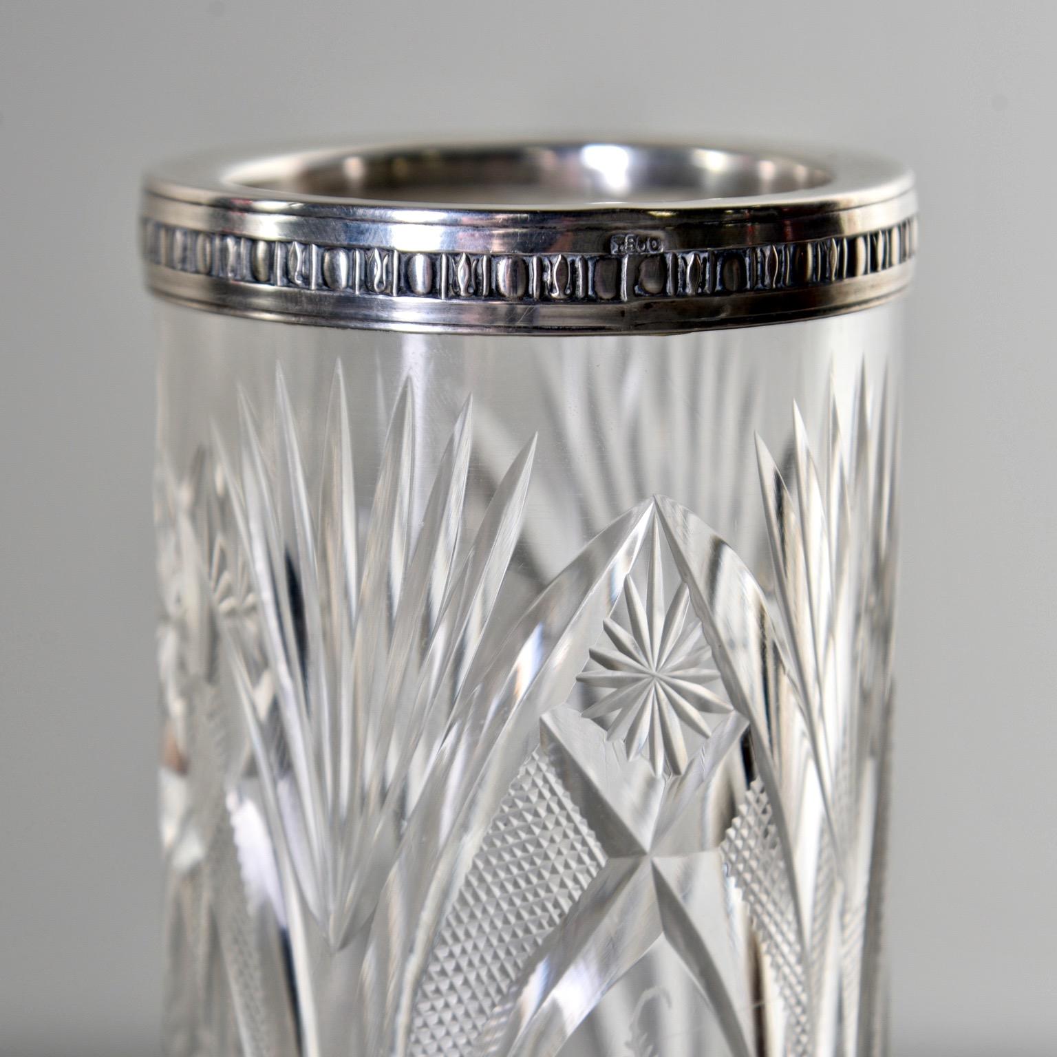 20th Century Art Deco Etched Crystal Vase with Sterling Rim and Base  